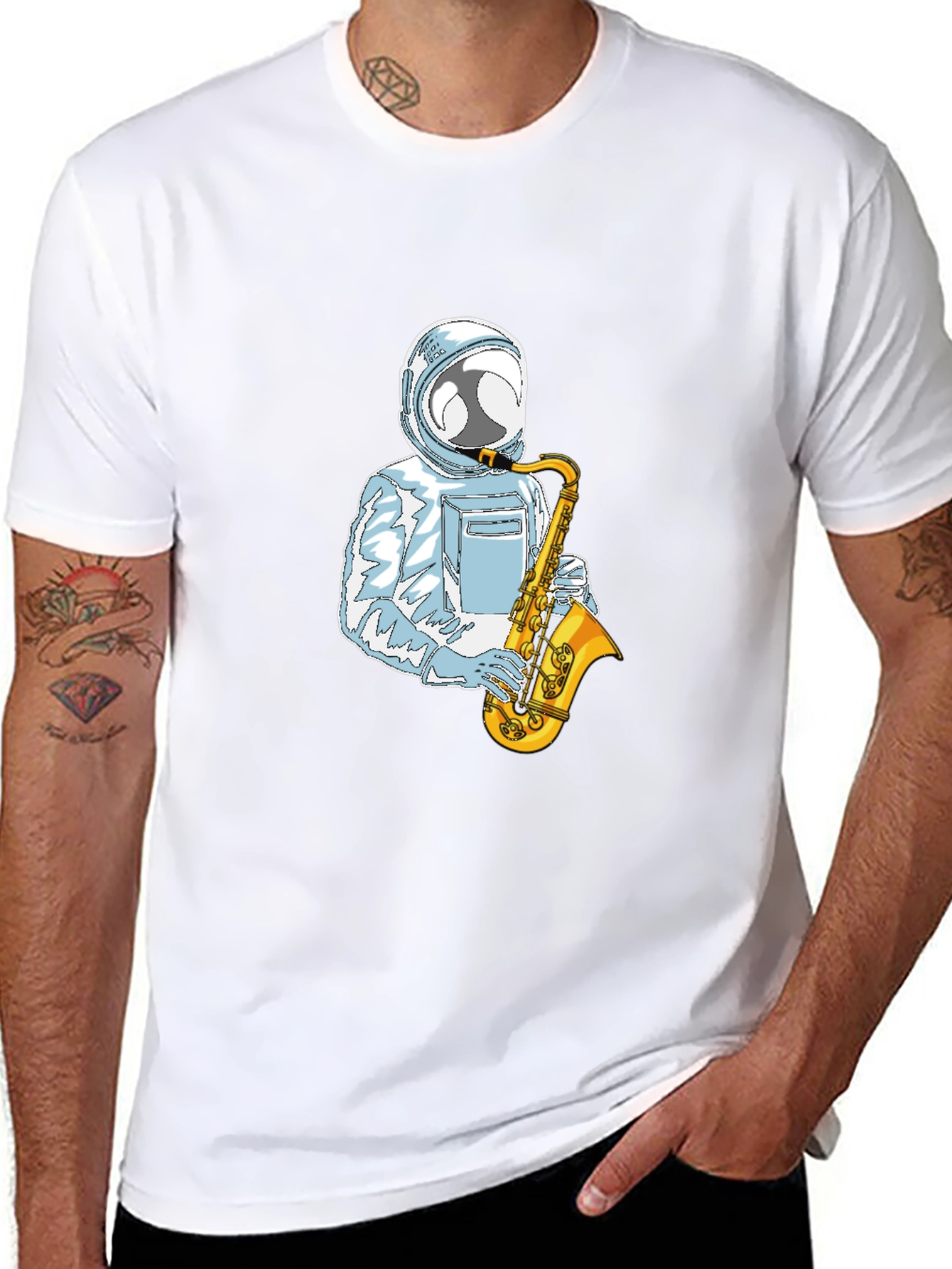 Black Astronaut Sax Player Graphic Tee - Cool & Unique view 8