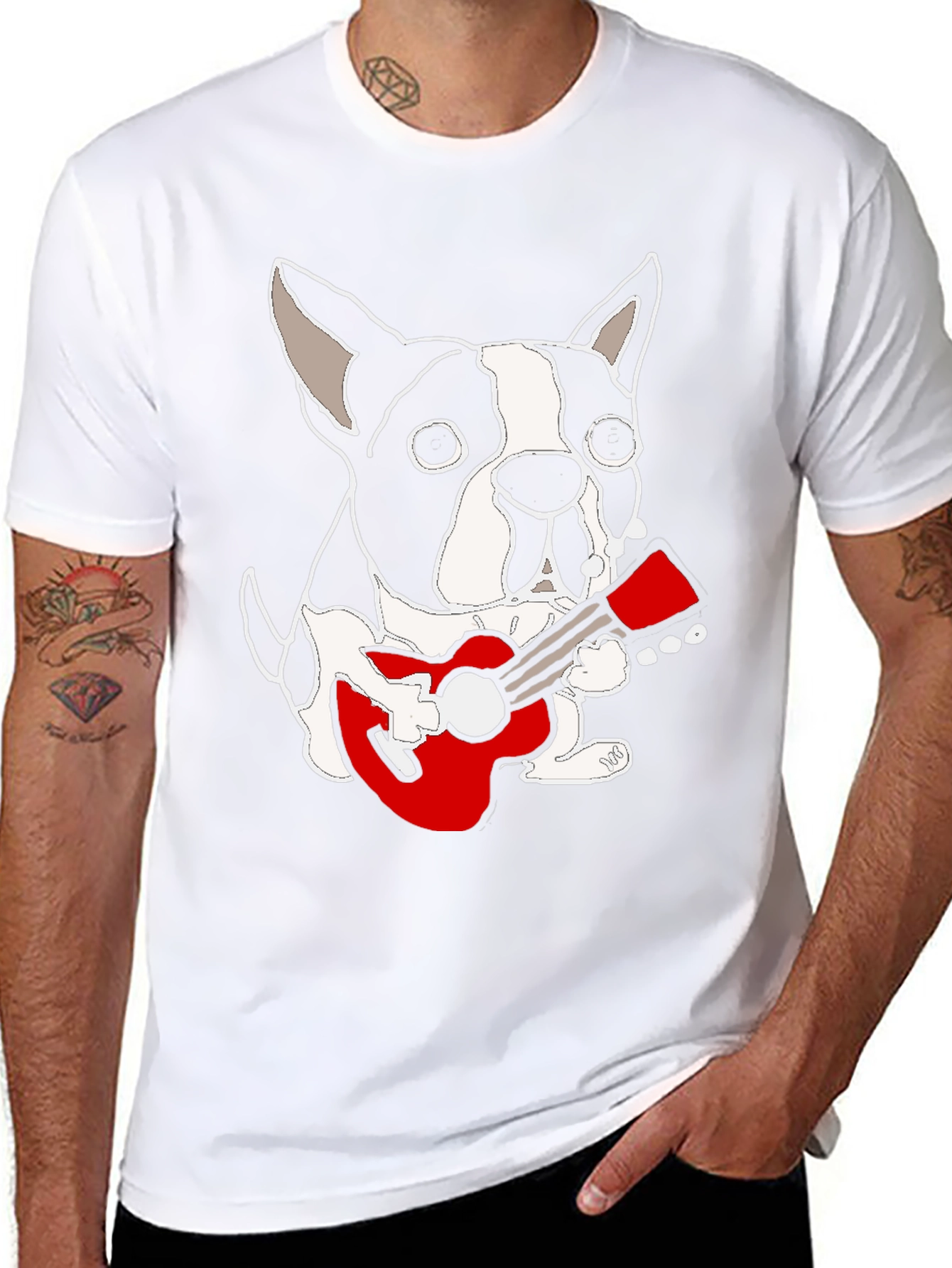 Black Dog Playing Guitar Graphic Tee - Black Cotton Casual T-Shirt view 8