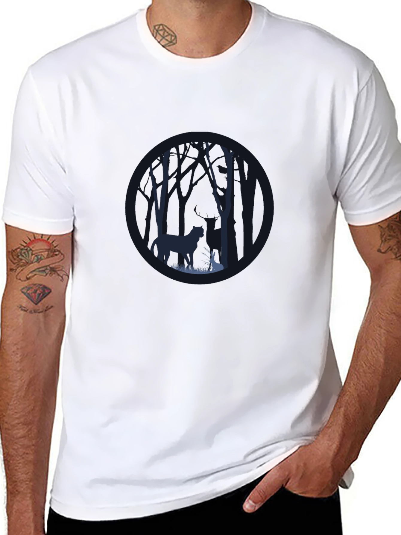 Black Men's Black Graphic Tee: Forest Encounter view 8