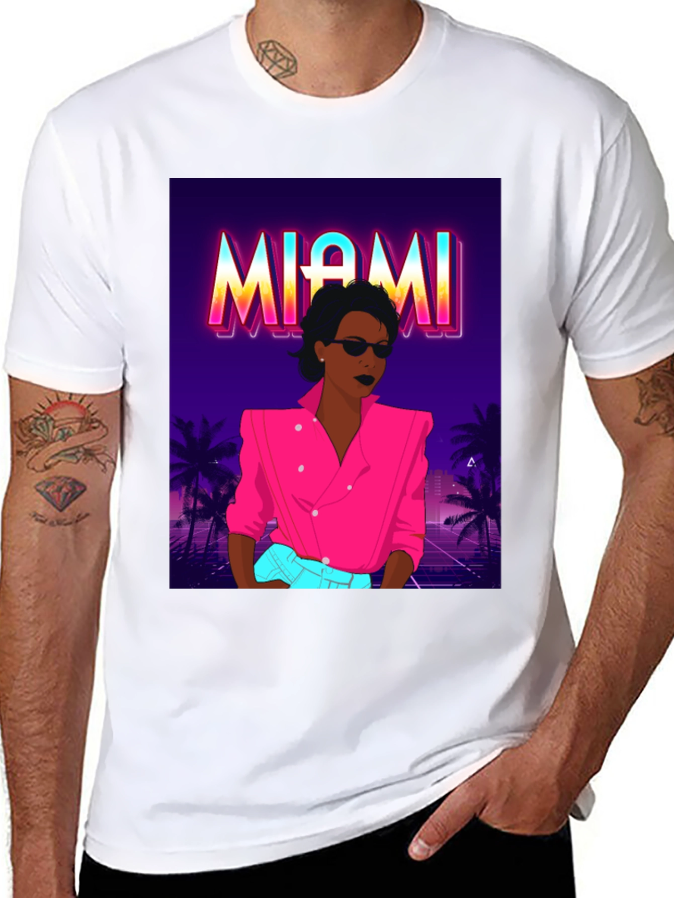 Black Miami Vice Style Graphic T-Shirt - Retro Design view 8
