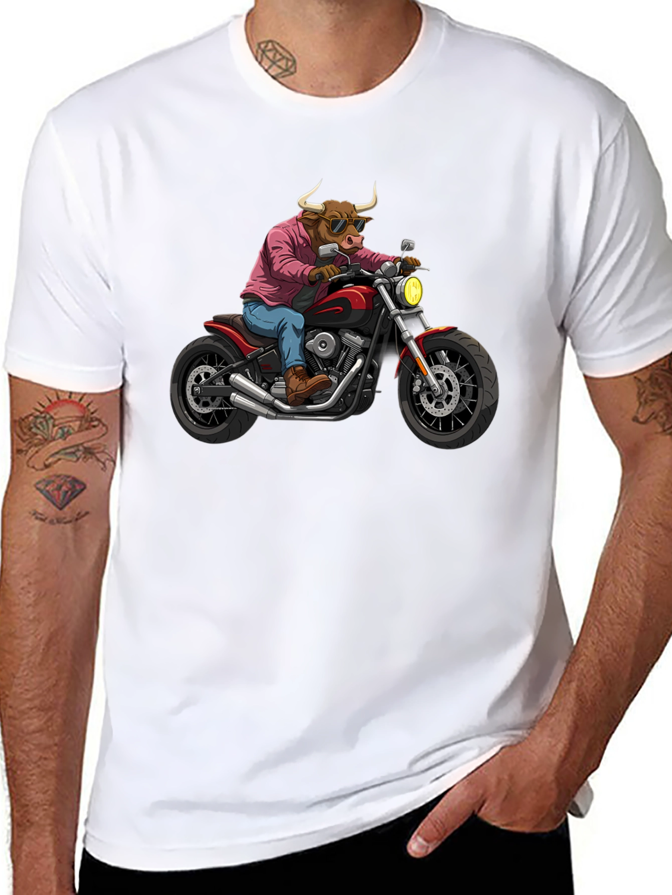 Black Cool Bull on Motorcycle T-Shirt - Black Cotton Graphic Tee view 8