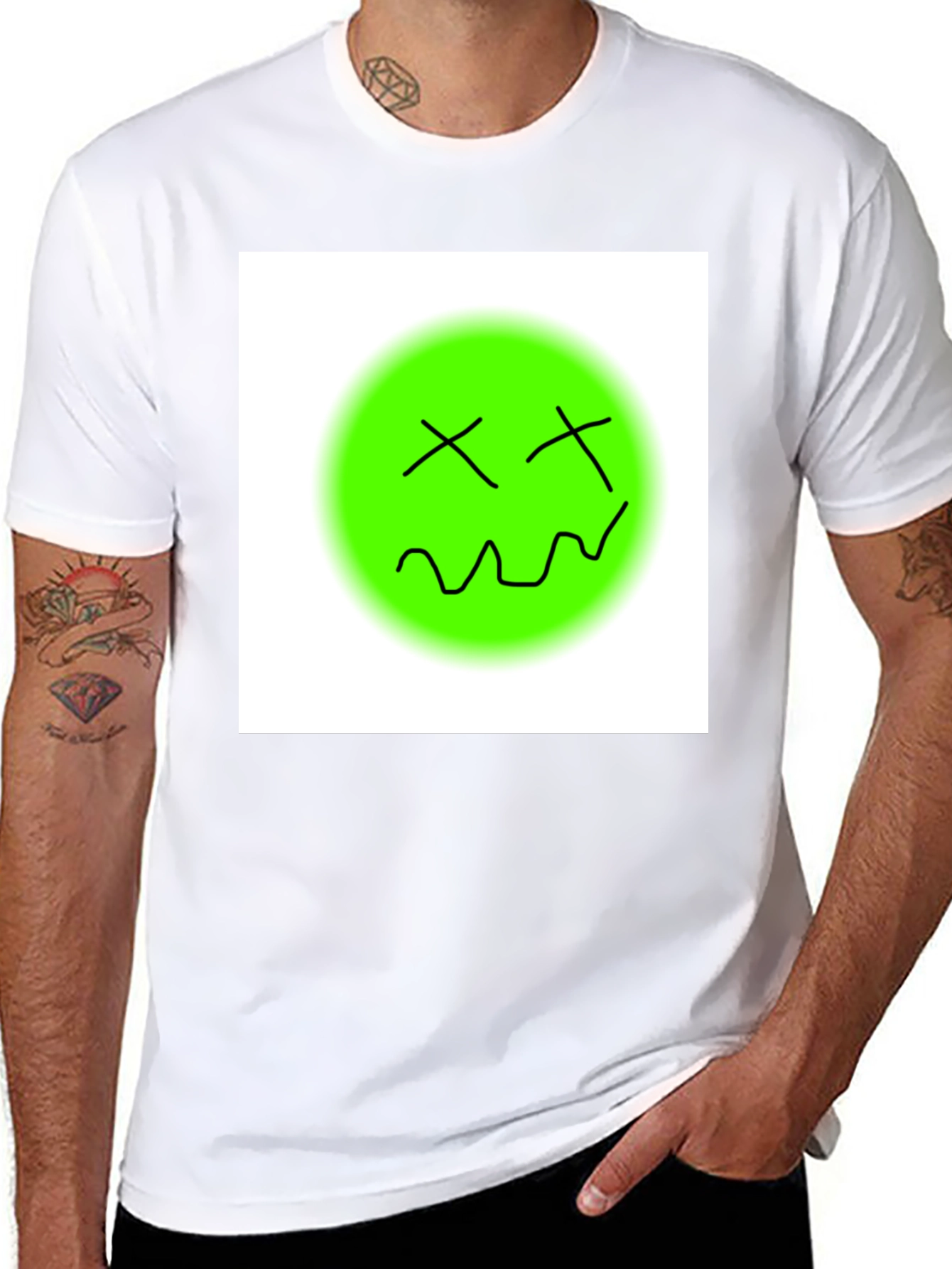 Black Unique Graphic Tee - Green Smiley Face T-Shirt view 8