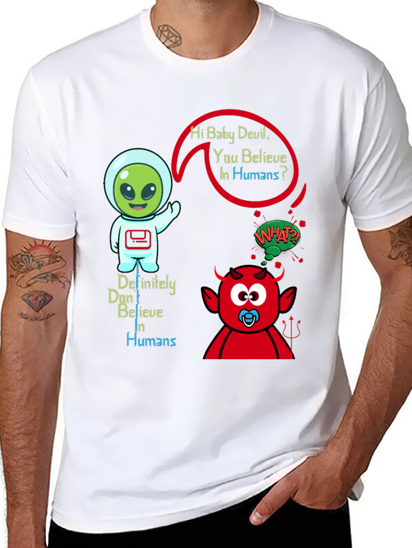 Black Alien & Baby Devil Graphic T-Shirt - Believe in Humans? view 8
