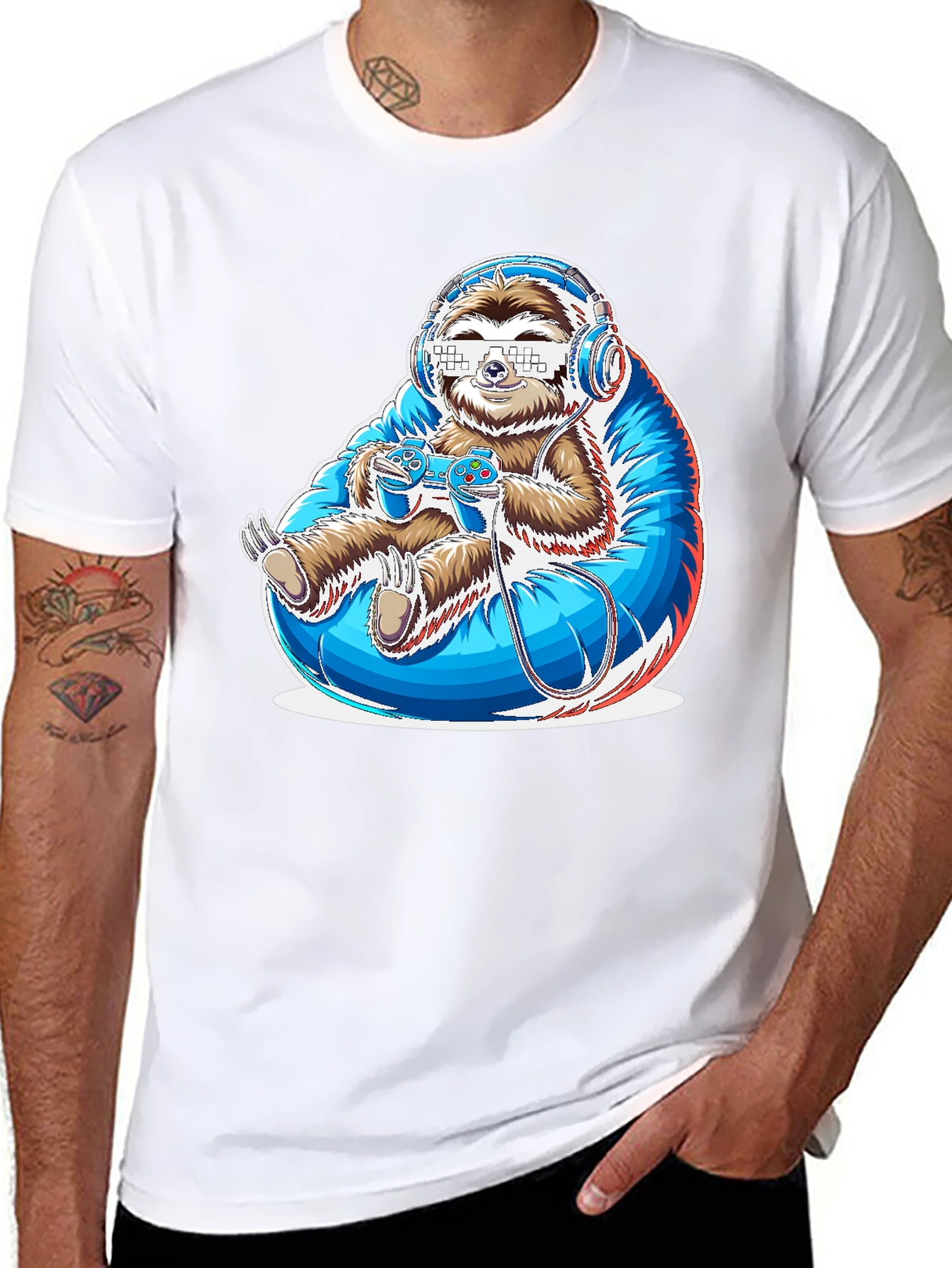 Black Gamer Sloth Graphic Tee - Funny Cool Relaxed Style view 8