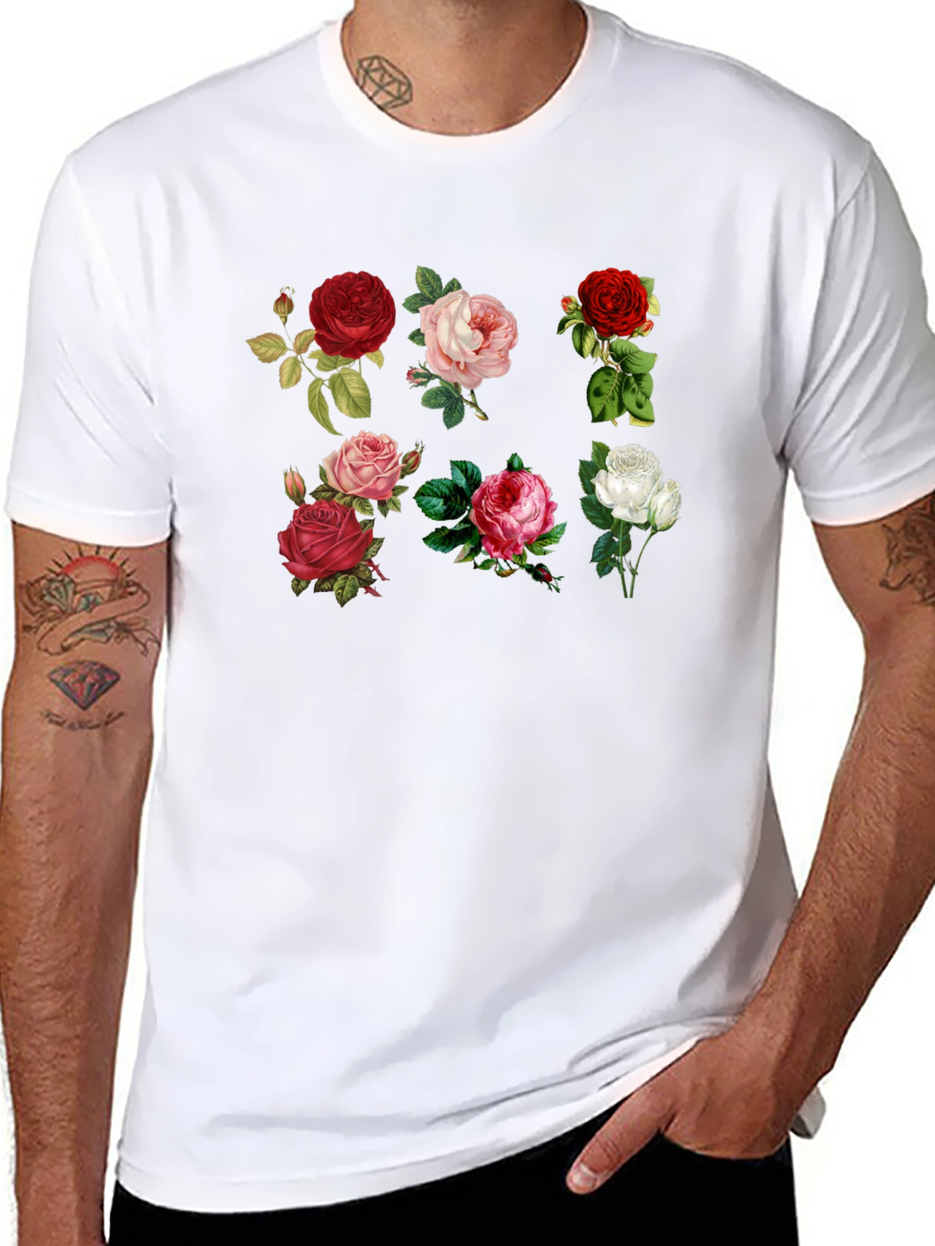 Black Floral Roses Print Black T-Shirt view 8