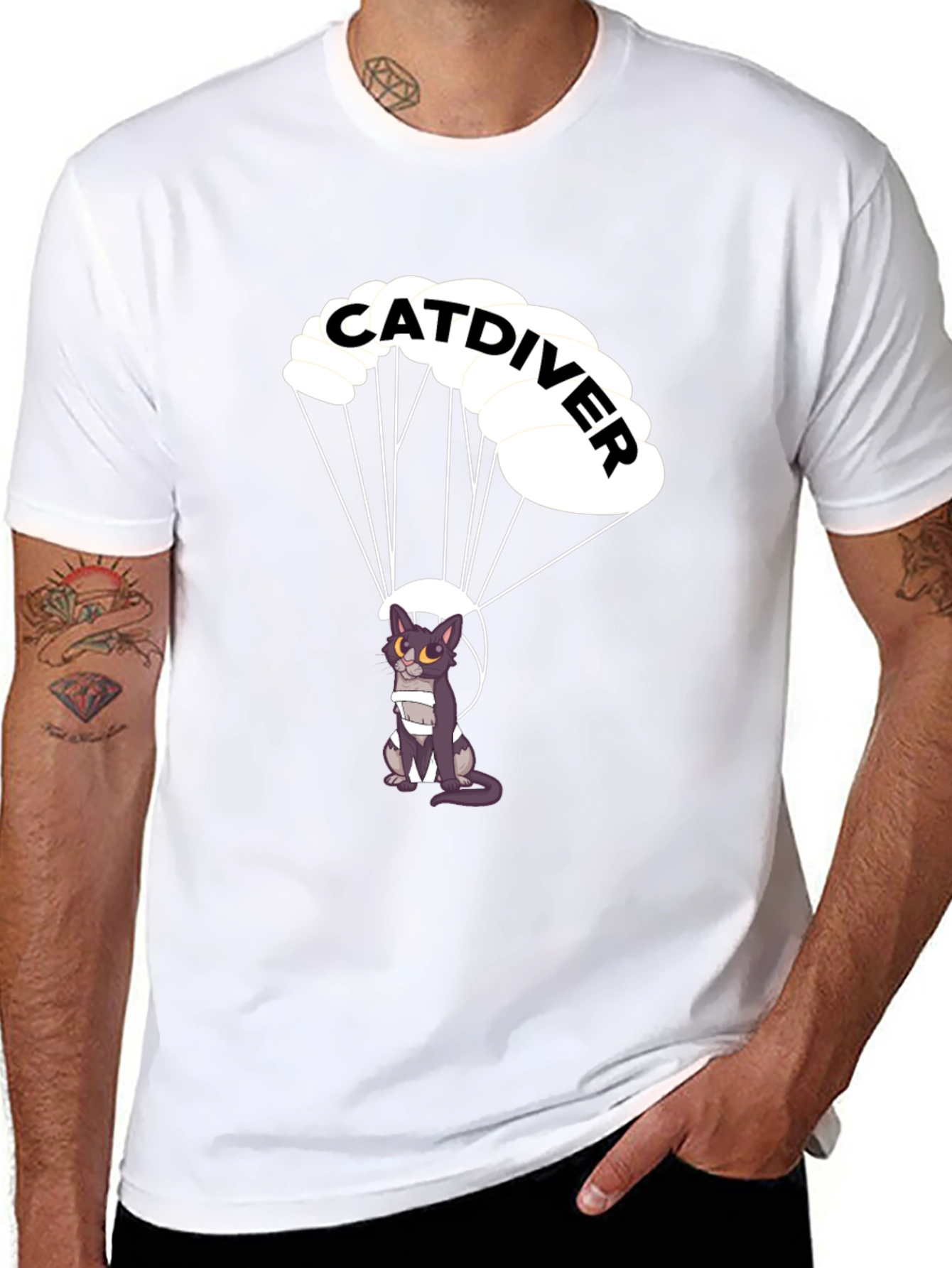 Black Catdiver T-Shirt - Parachuting Cat Graphic Tee view 8