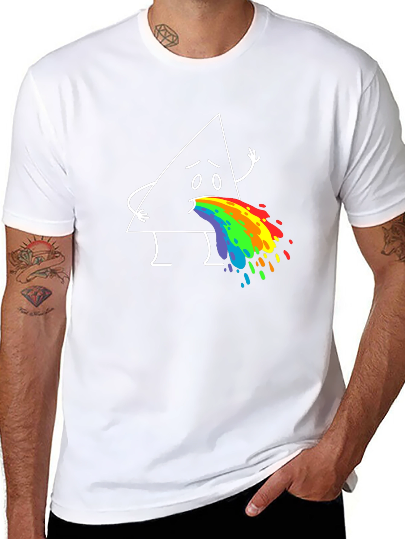 Black Funny Triangle Rainbow Puke Graphic Tee view 8
