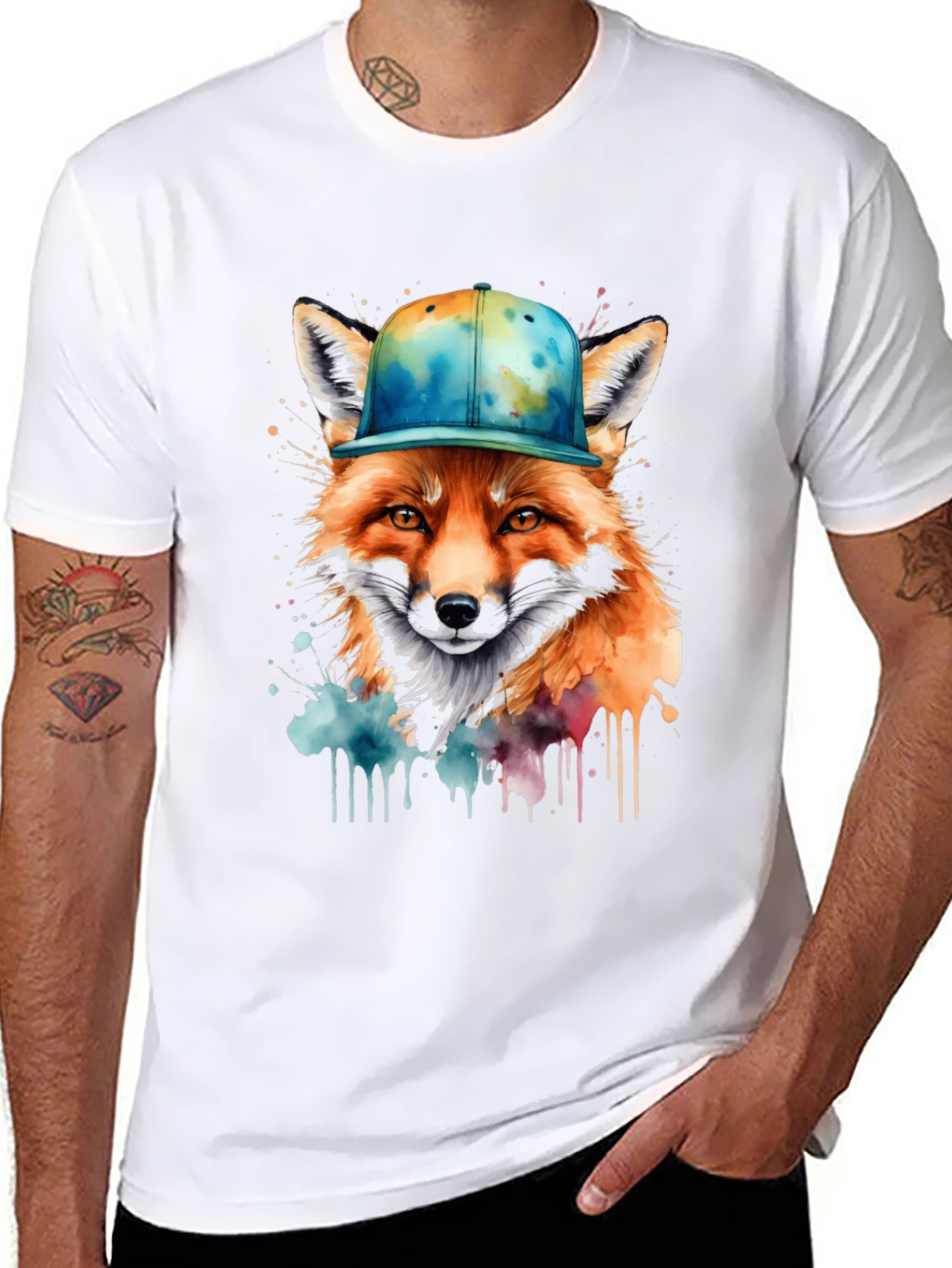 Black Fox in Cap Graphic Tee - Cool Watercolor Design view 8