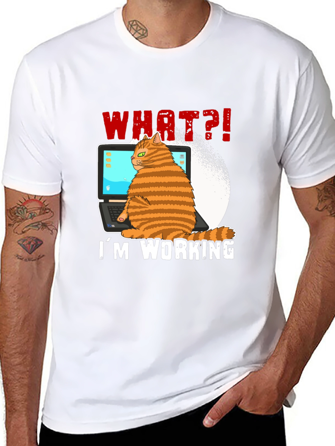 Black Cat Working on Laptop Graphic Tee view 8