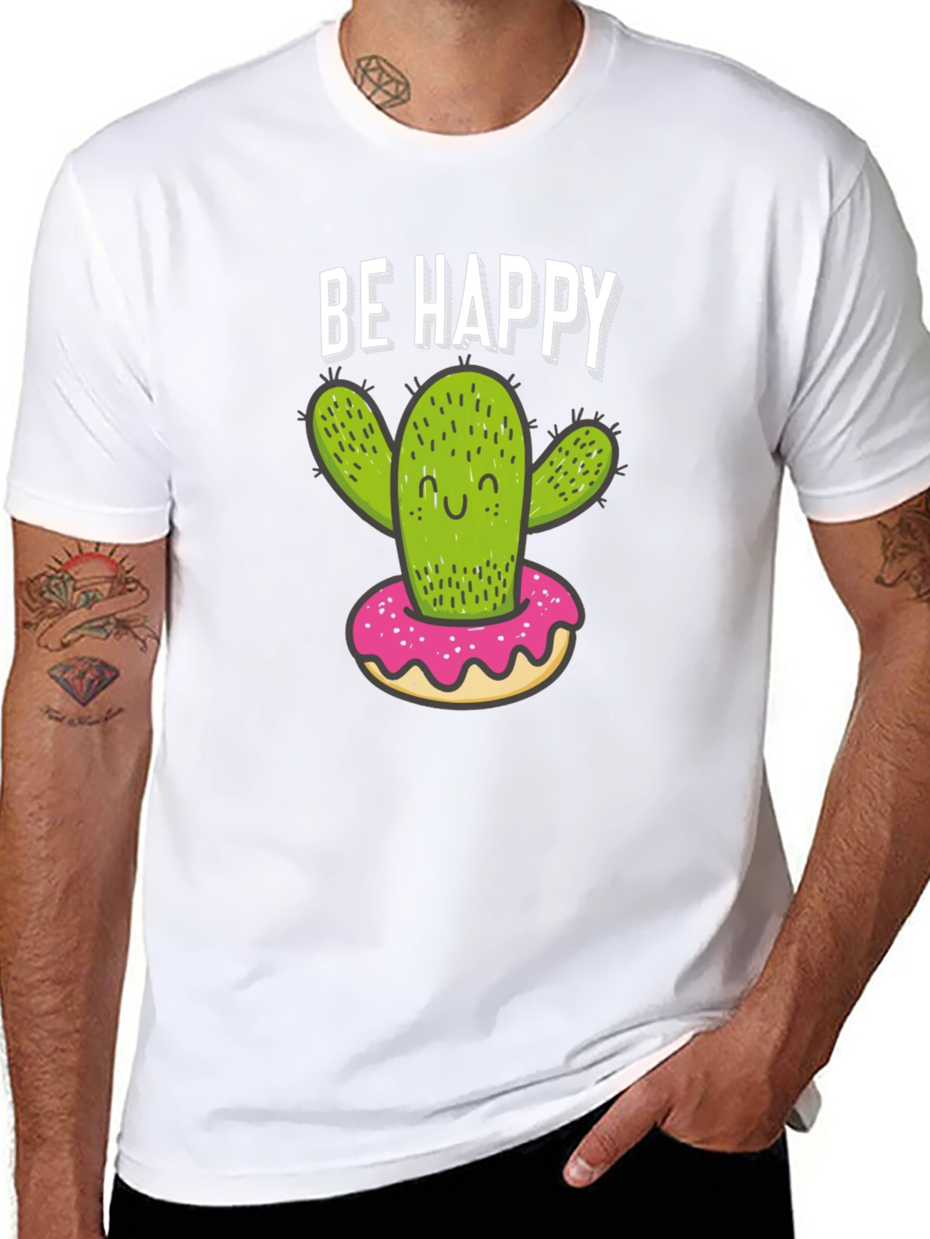 Black Be Happy Cactus Donut Graphic T-Shirt view 8