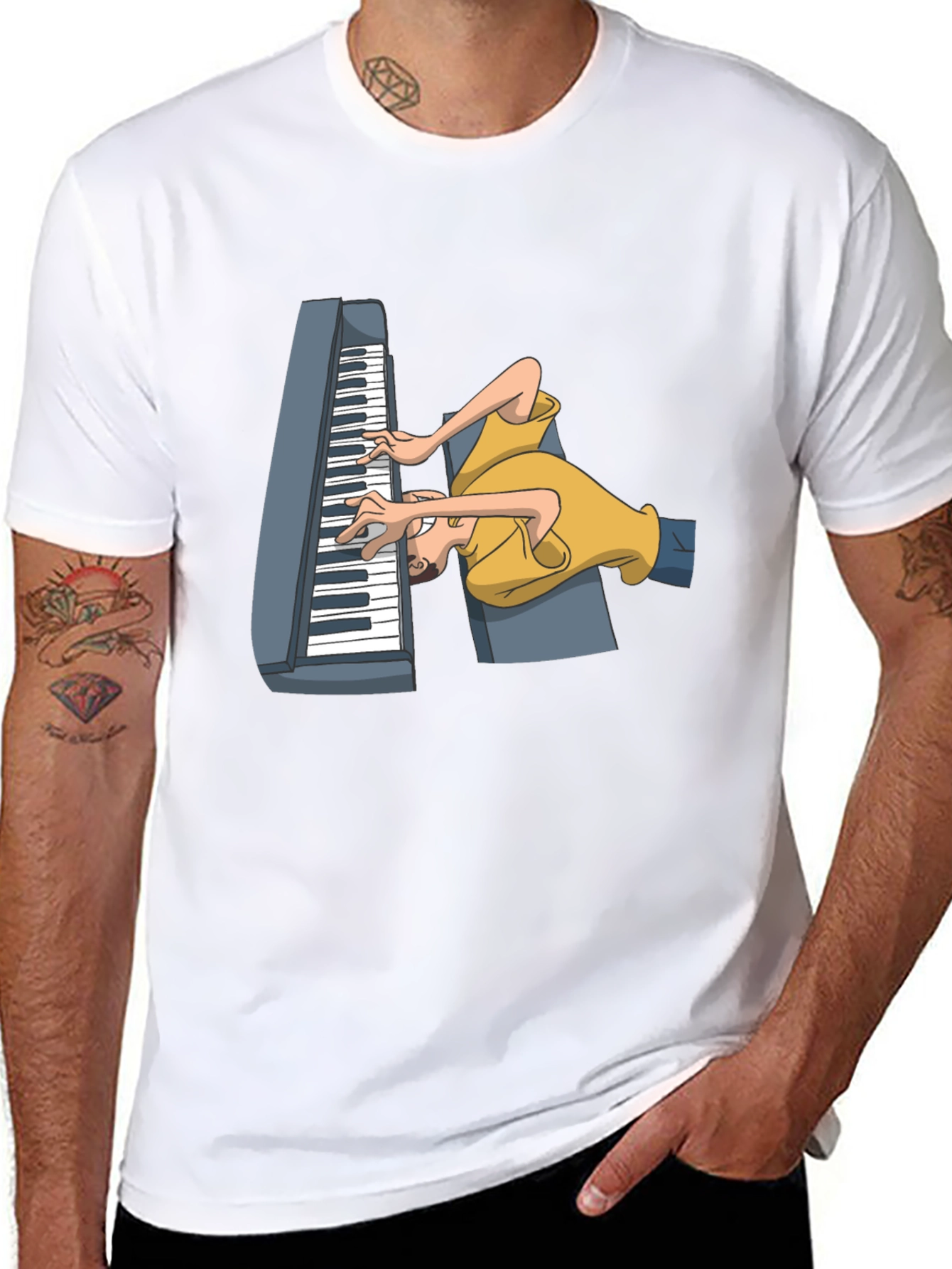 Black Funny Cartoon Piano Player Black T-Shirt view 8