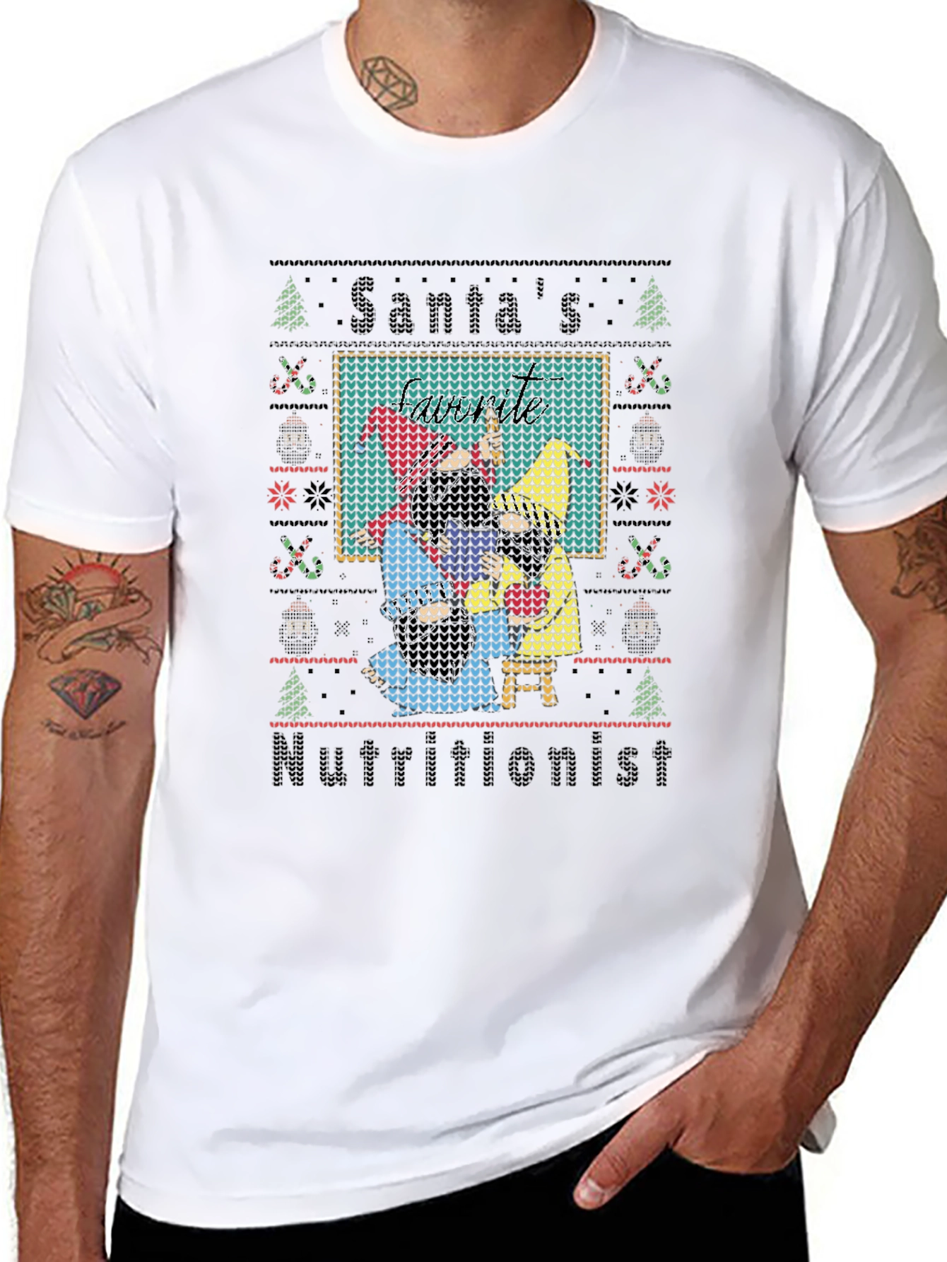 Black Santa's Nutritionist Ugly Christmas Sweater T-Shirt view 8