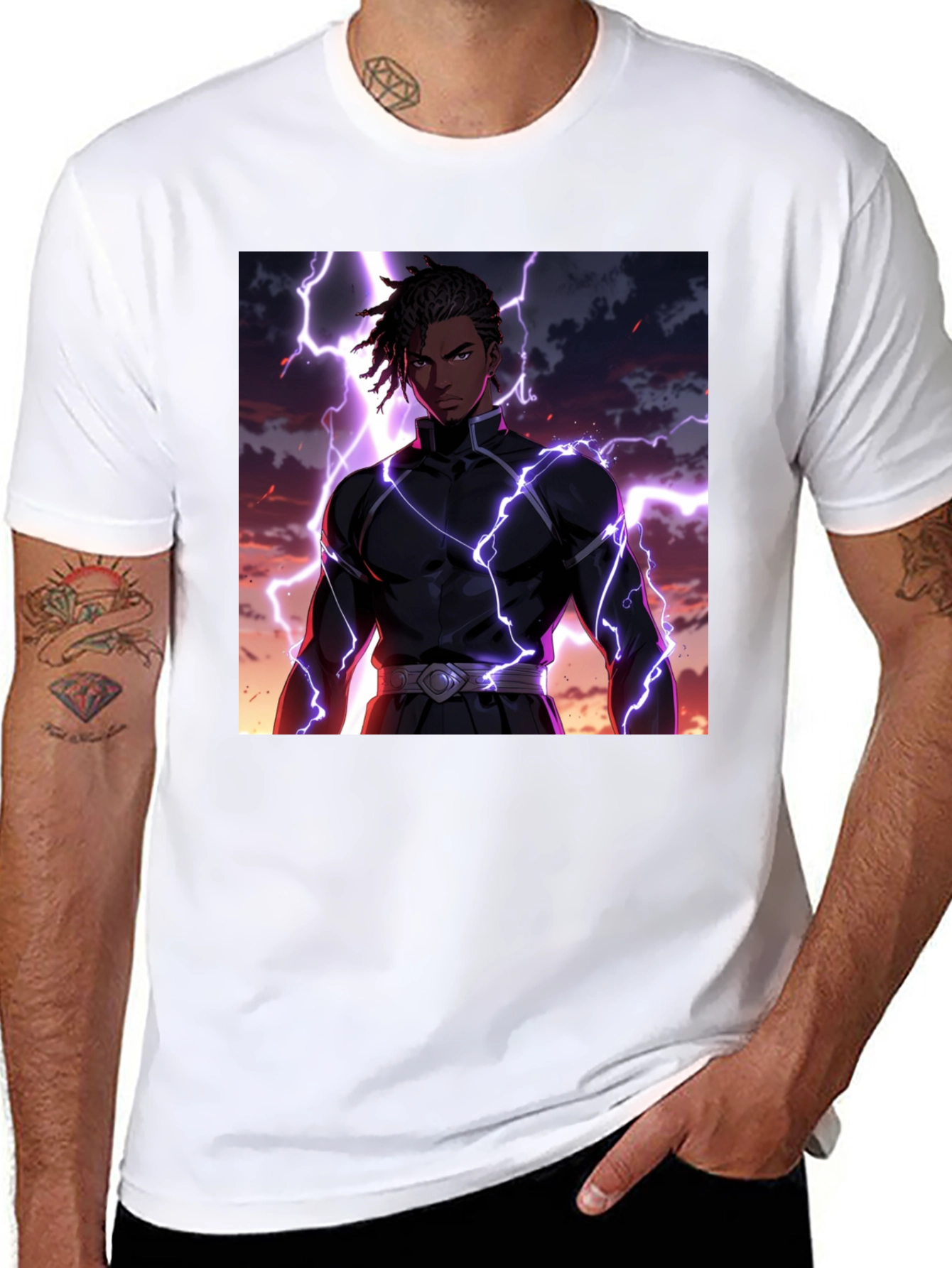 Black Anime Lightning Bolt Graphic Tee - Black Cotton Blend view 8