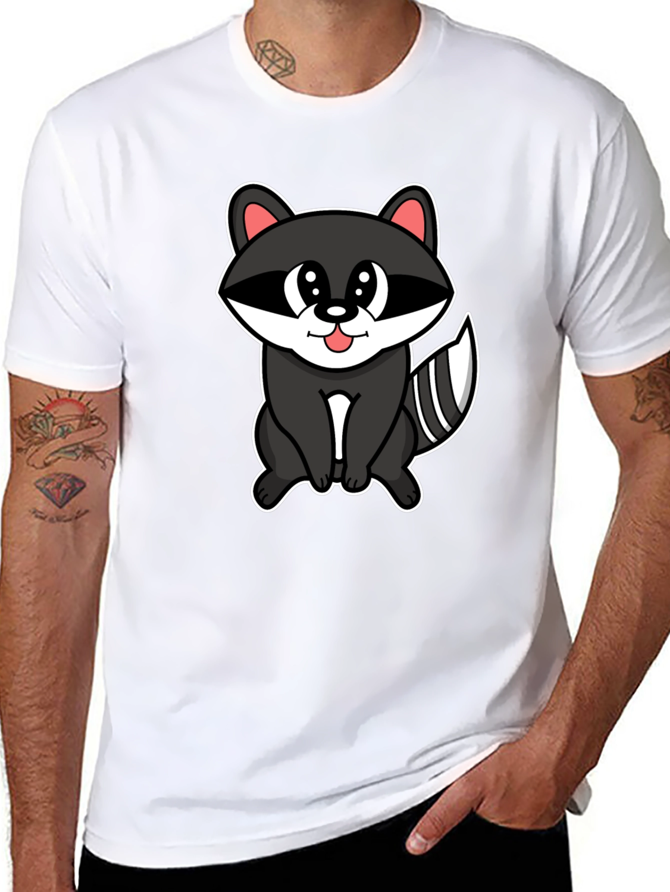 Black Cute Raccoon Cartoon Black T-Shirt view 8