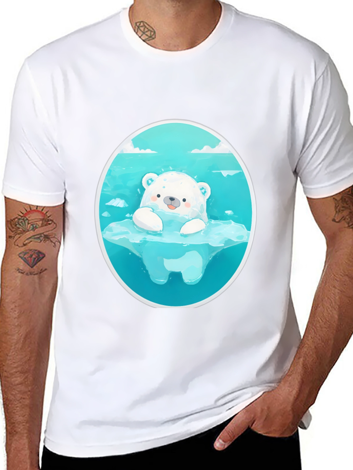 Black Cute Polar Bear Graphic Tee - Black Cotton T-Shirt view 8