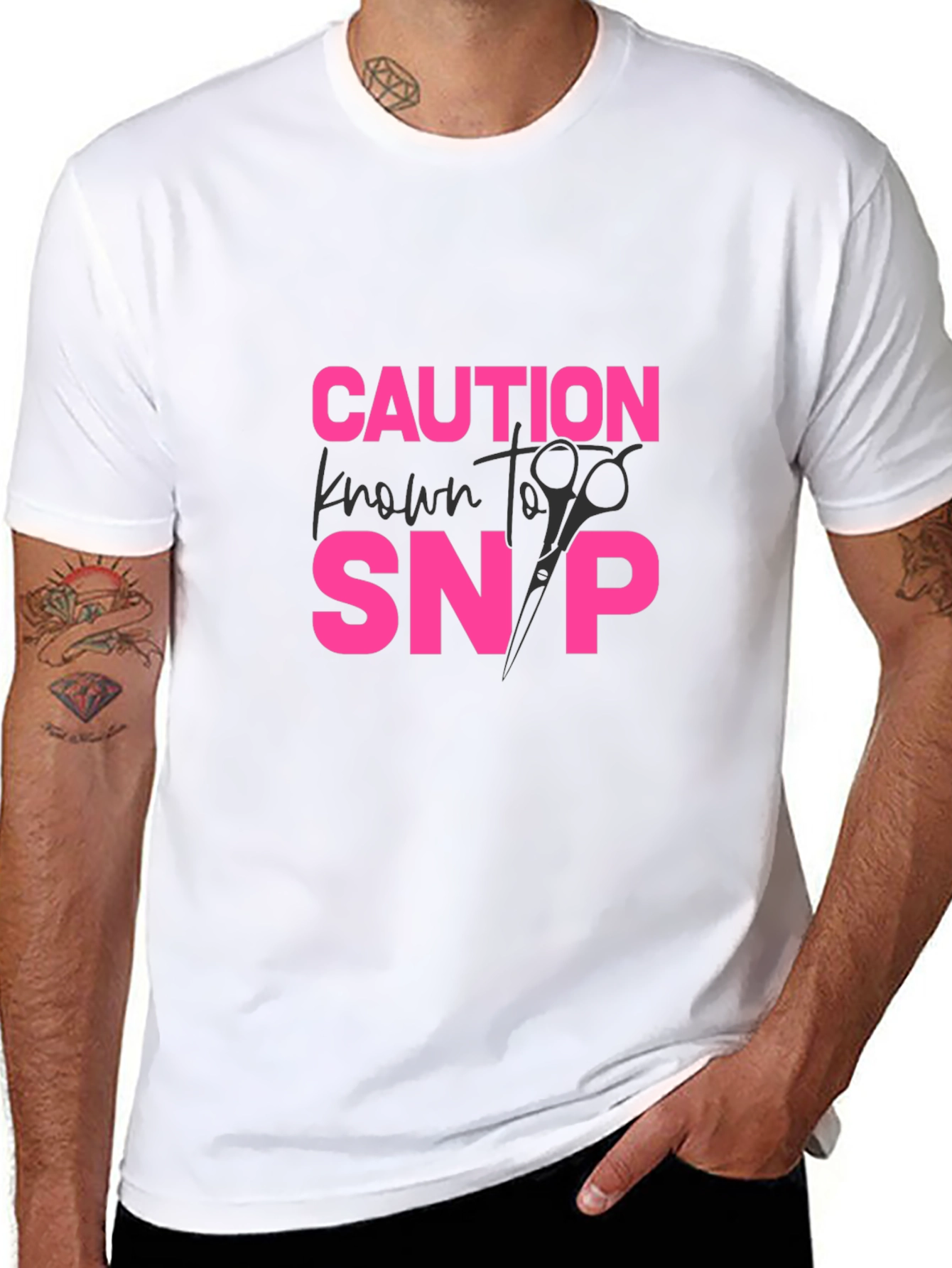Black Caution Known to Snip T-Shirt - Hair Stylist Tee view 8
