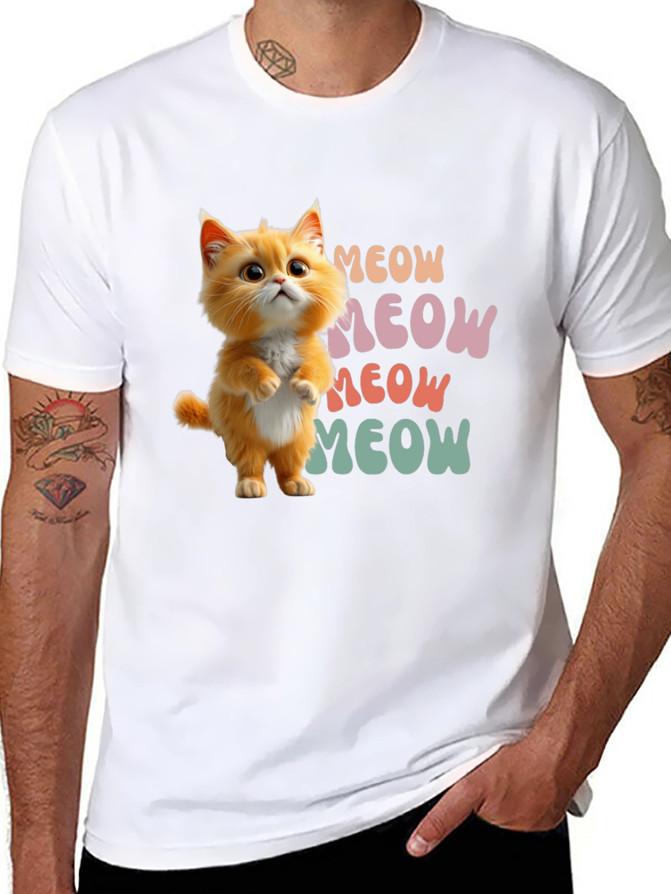 Black Cute Cartoon Cat Meow Graphic T-Shirt view 8