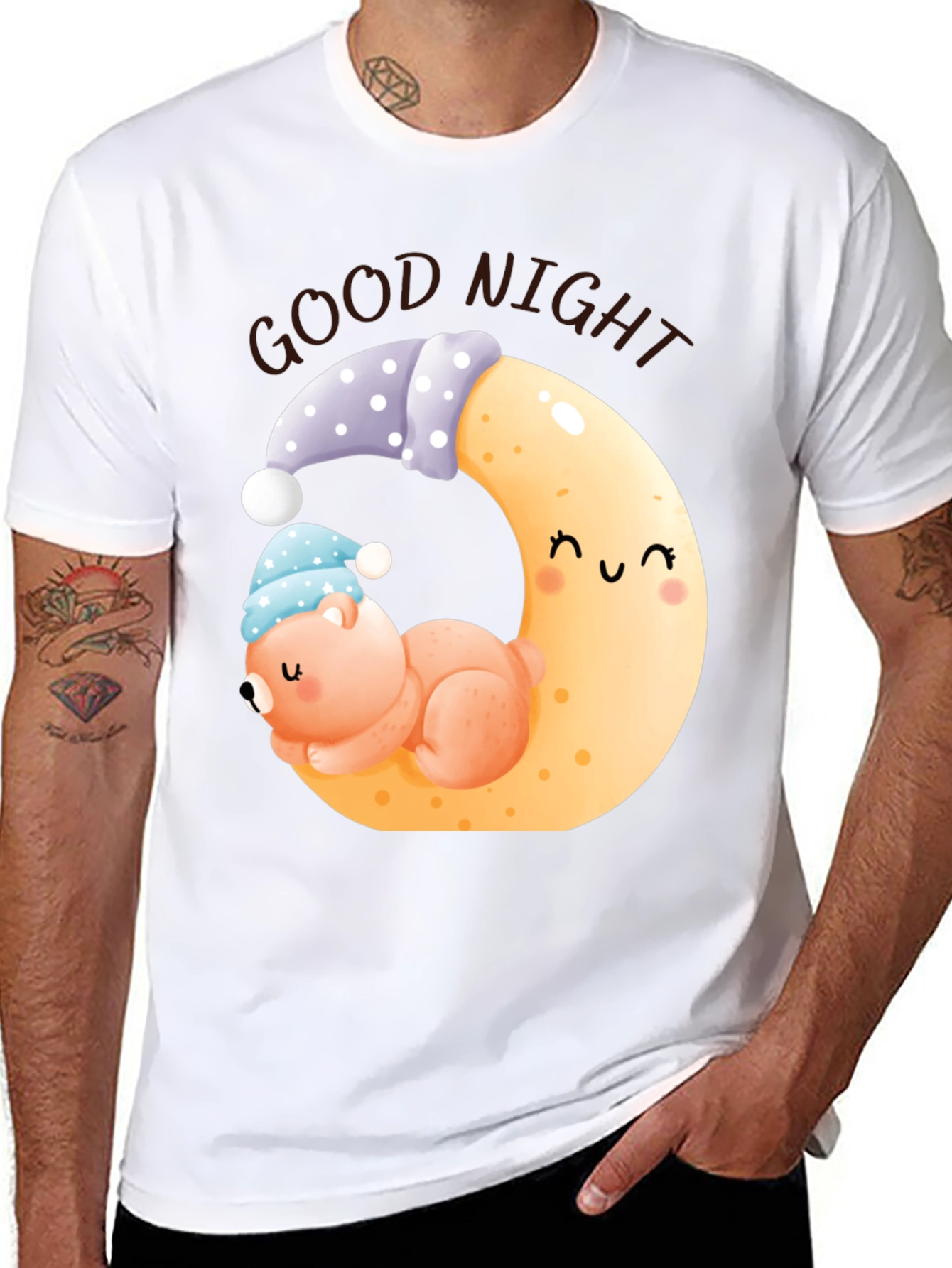Black Good Night Bear Moon Graphic Black T-Shirt view 8