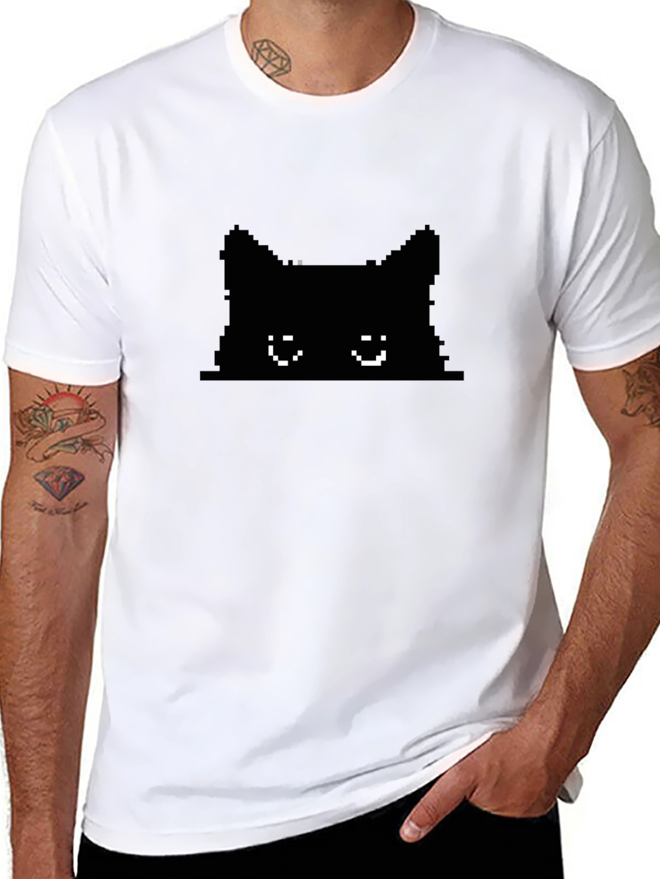 Black Pixel Cat T-Shirt - Black Cotton Tee view 8