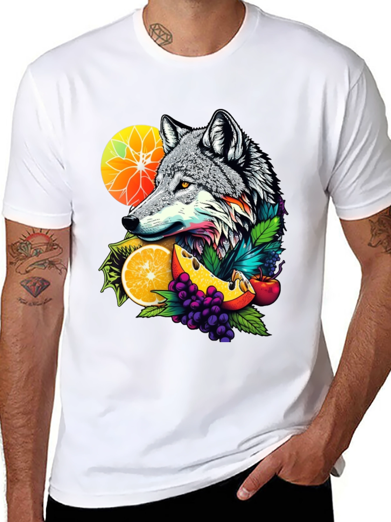 Black Wolf & Fruit Graphic Tee - Unique Design view 8