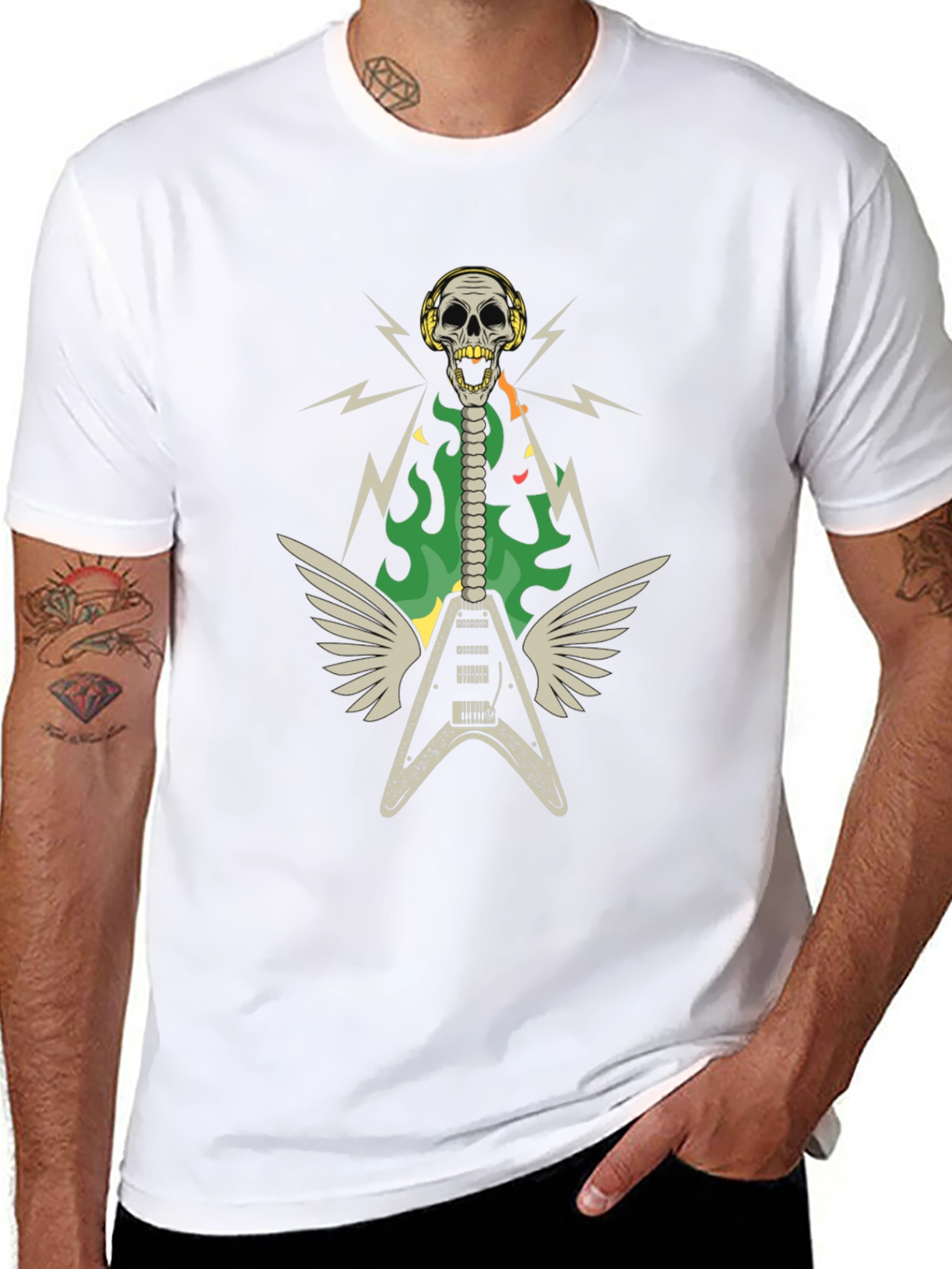 Black Skull Guitar Wings Rock Band T-Shirt view 8