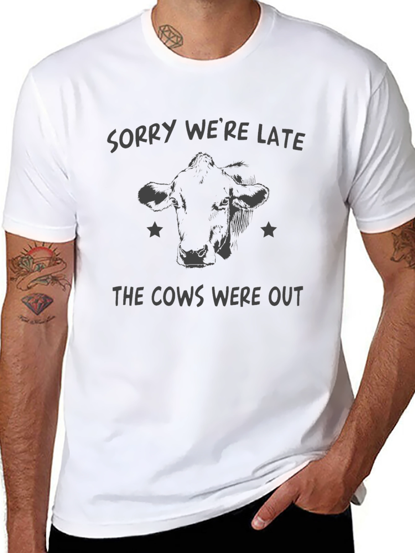 Black Funny Cow T-Shirt: Sorry We're Late Tee view 8