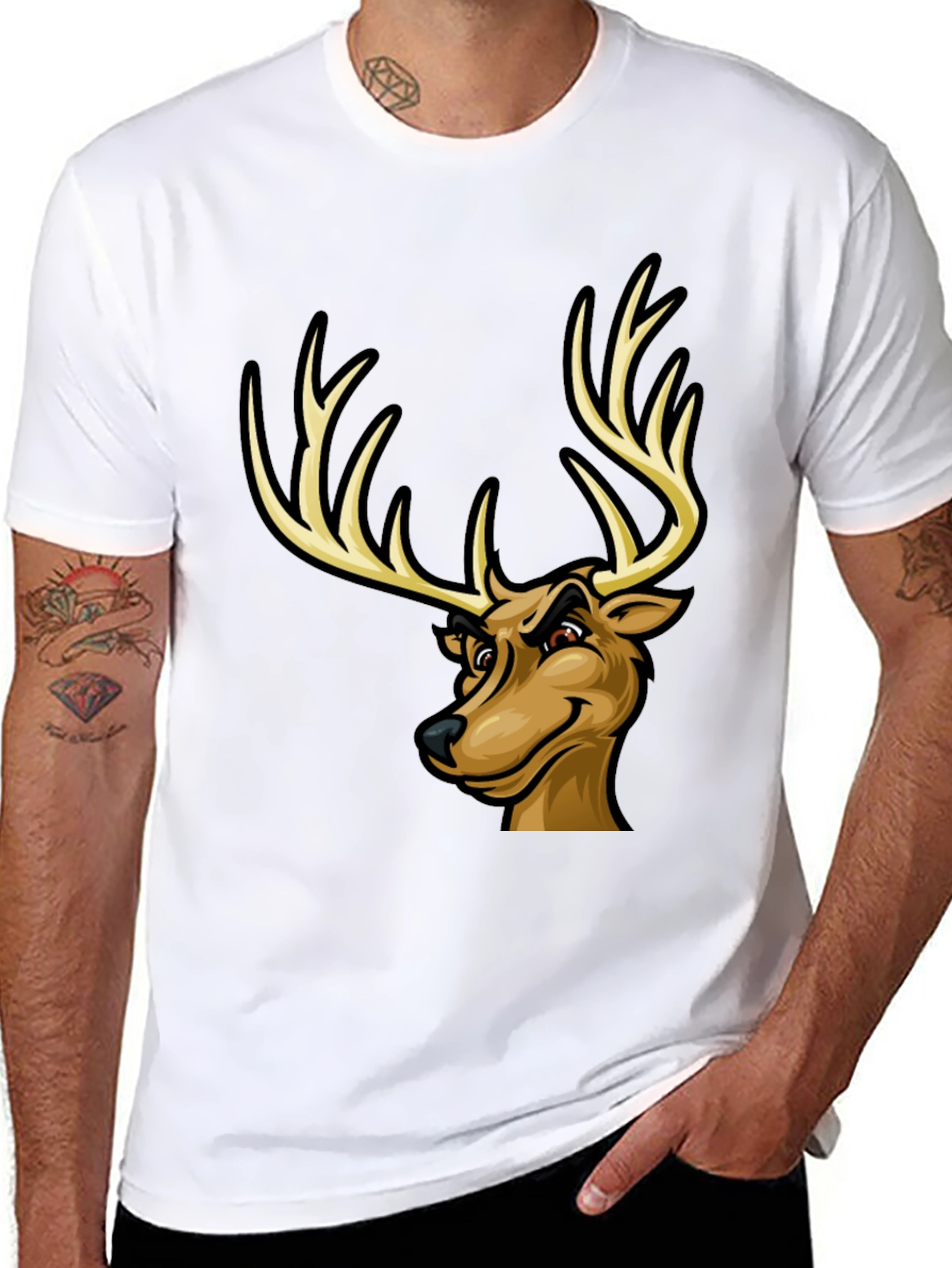 Black Men's Black T-Shirt with Cartoon Deer Graphic view 8