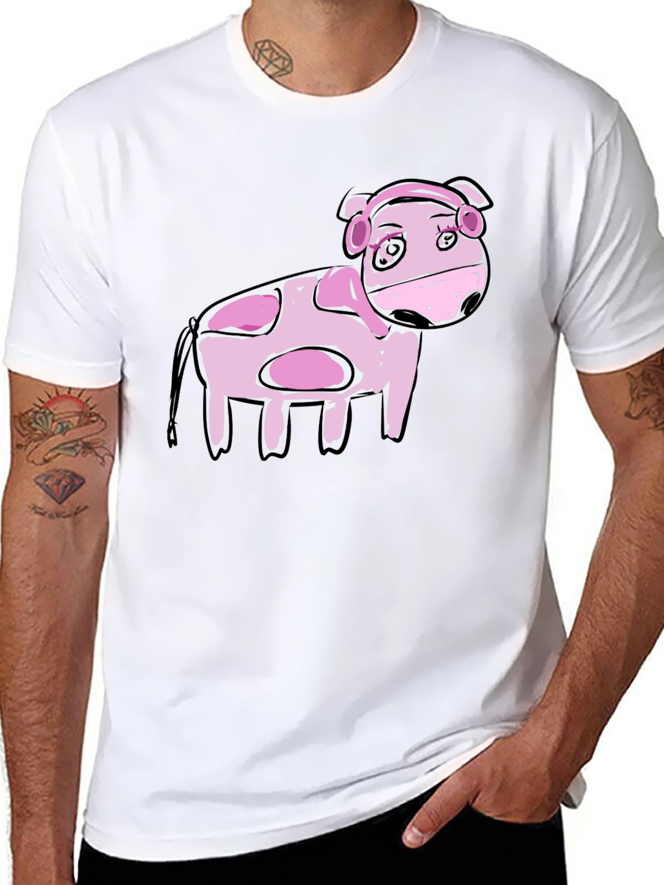 Black Cartoon Pink Cow Black T-Shirt view 8