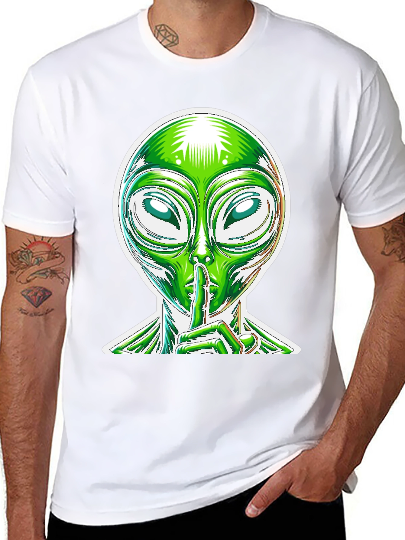 Black Alien Shhh Graphic Tee - Black Cotton Blend Shirt view 8