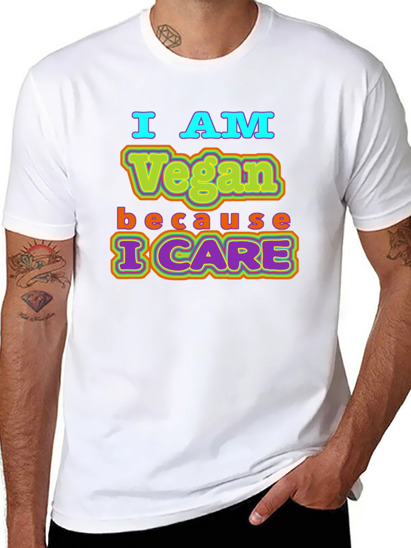 Black I AM Vegan Because I CARE Black T-Shirt view 8