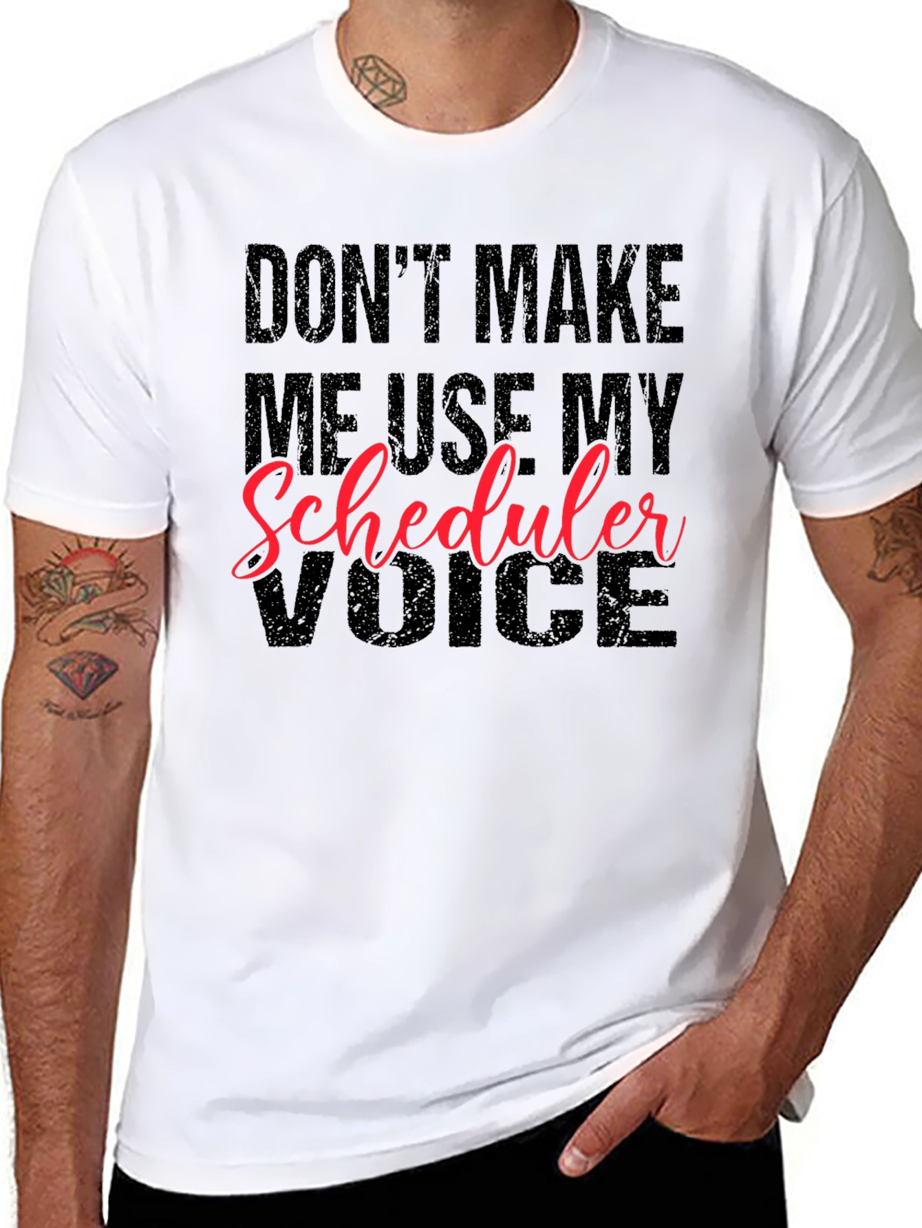Black Don't Make Me Use My Scheduler Voice Black T-Shirt view 8