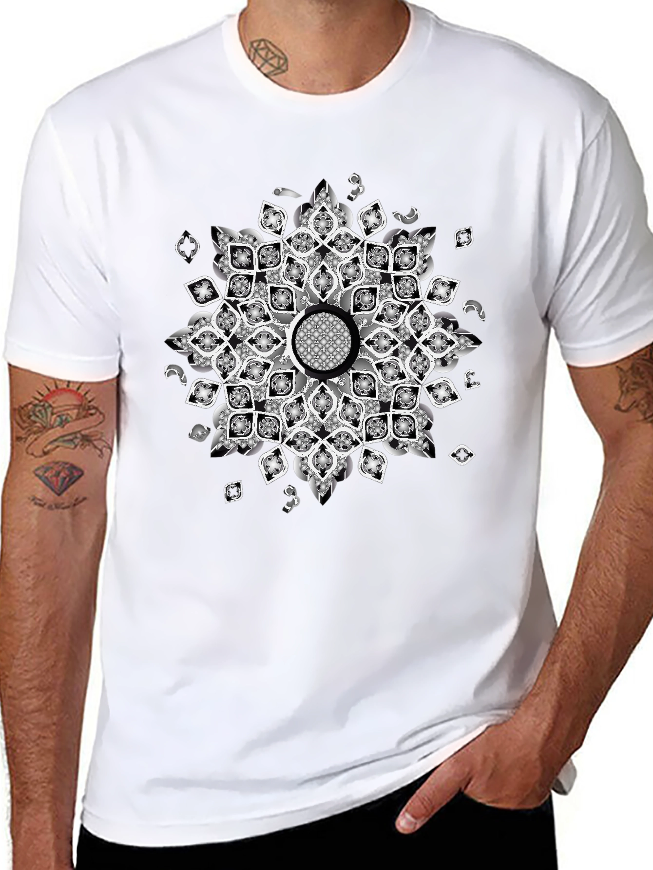 Black Black Tee with Mandala Design view 8