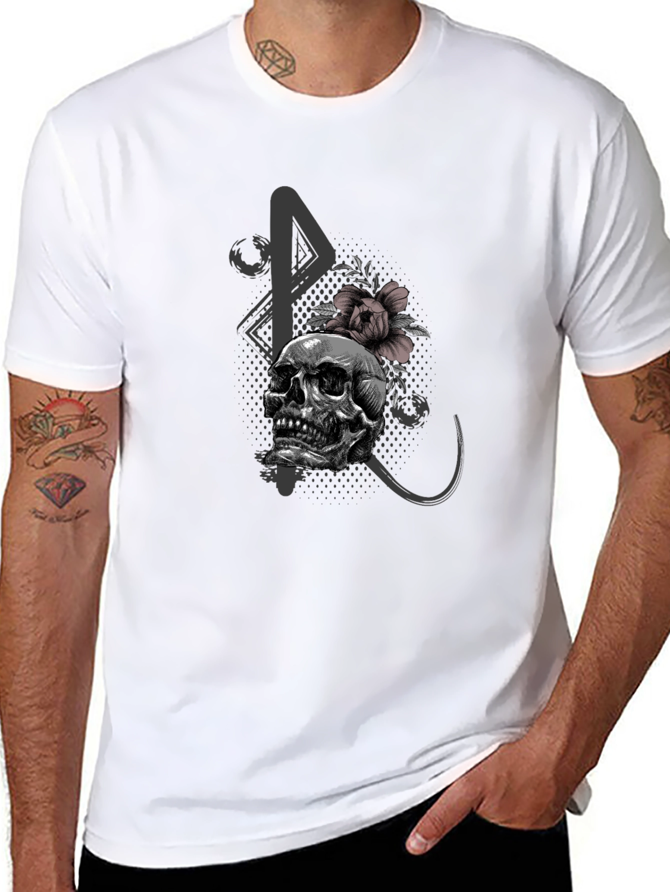Black Skull and Flower Graphic Print Black T-Shirt view 8