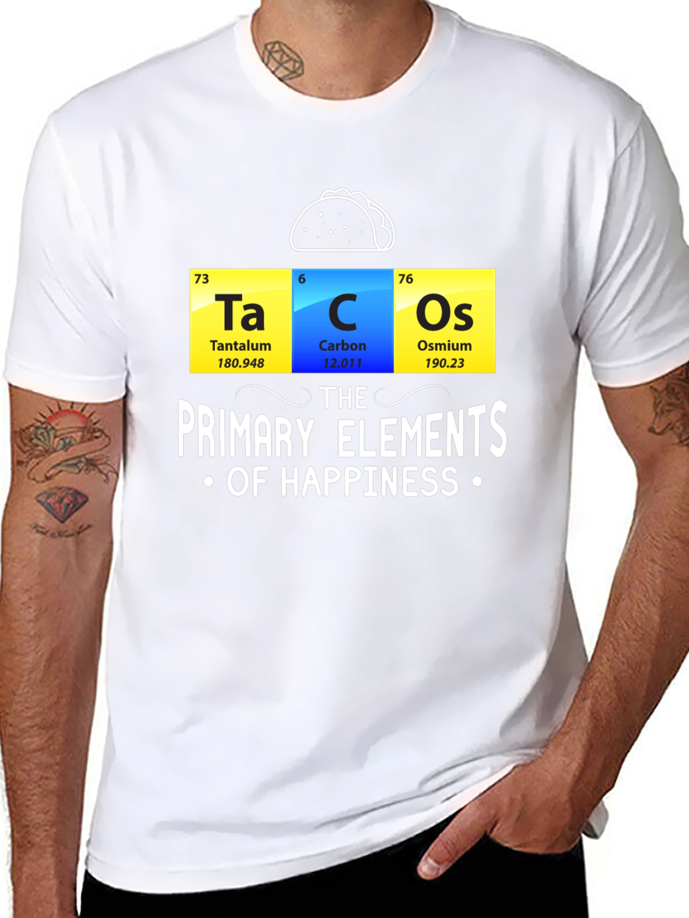 Black Tacos: The Primary Elements of Happiness Funny T-Shirt view 8