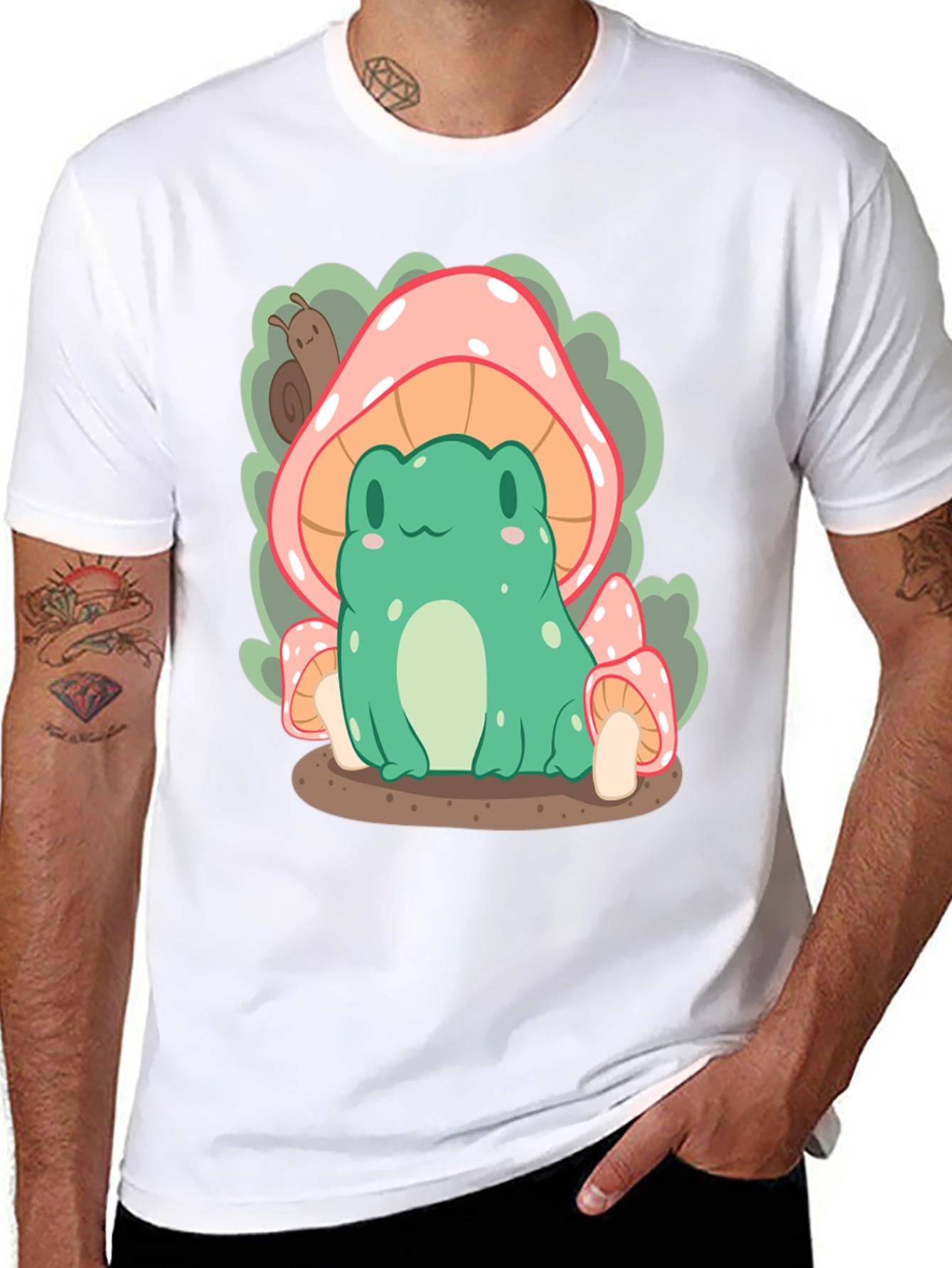 Black Cute Frog Under Mushroom T-Shirt view 8