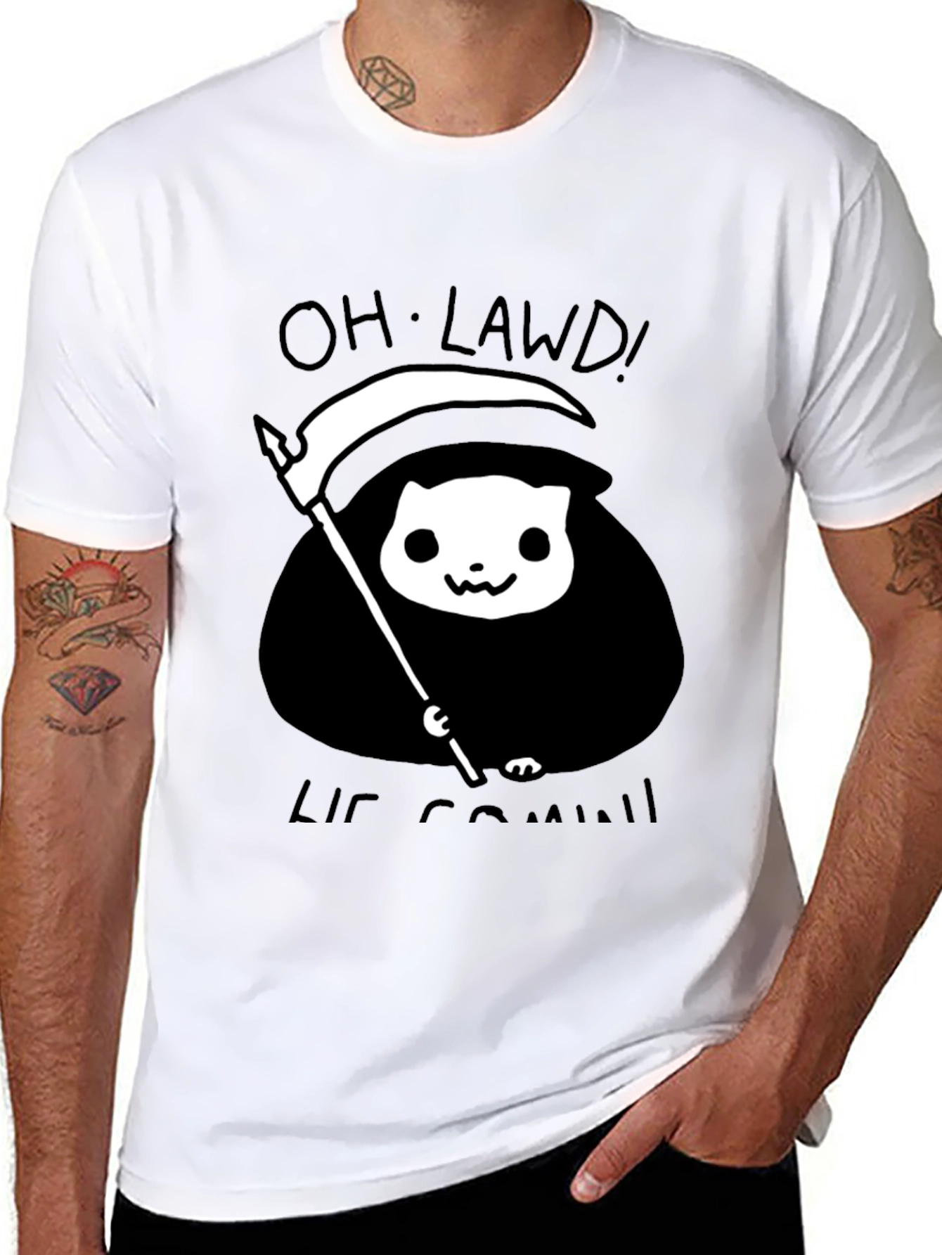 Black Grim Reaper Cat T-Shirt - Oh Lawd He Comin' Tee view 8
