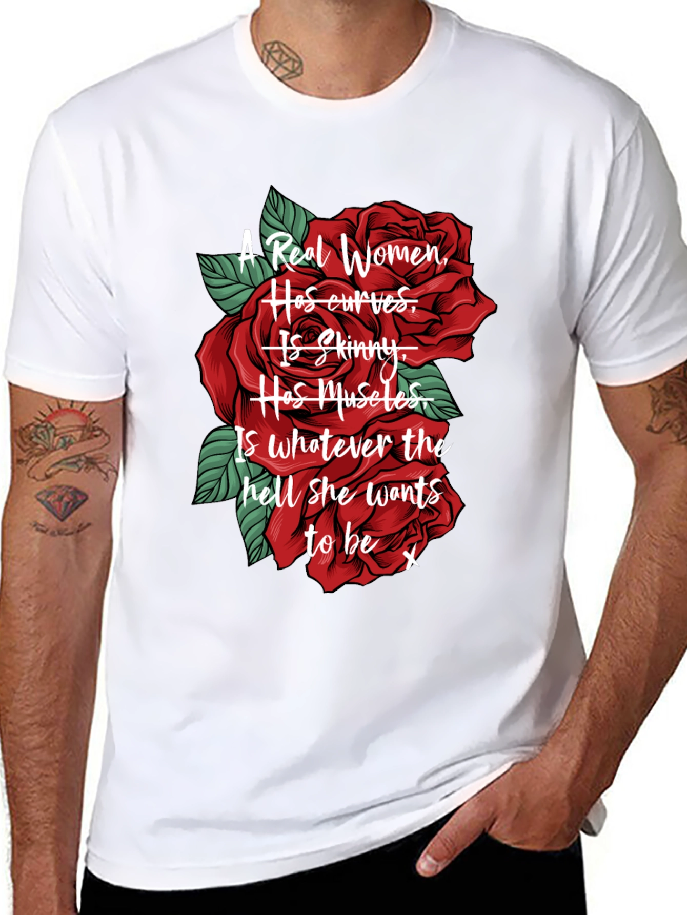 Black A Real Women T-Shirt - Red Roses Design view 8
