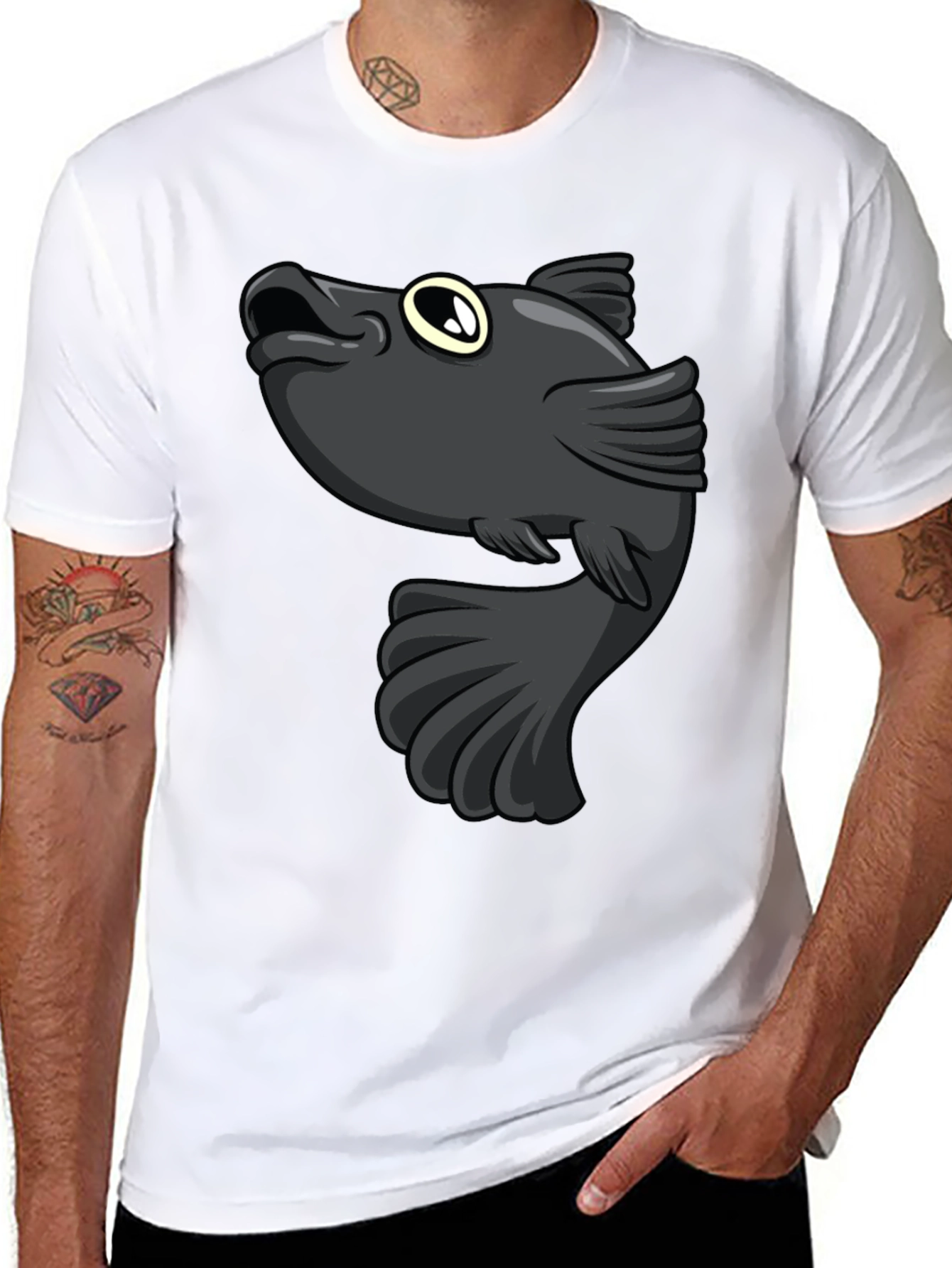 Cartoon Fish Graphic Print Black T-Shirt - 8
