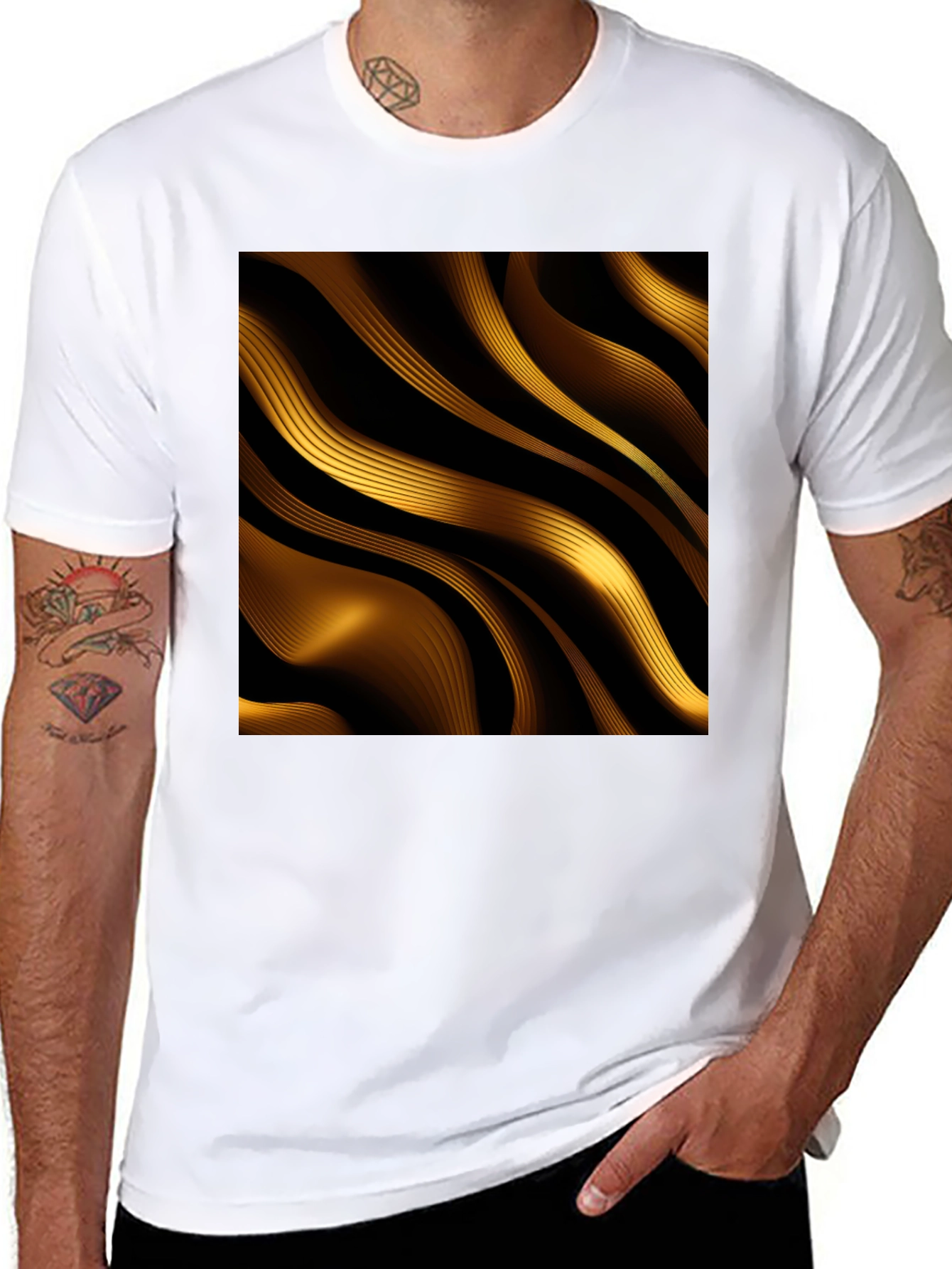 Black Golden Abstract Wave Print Black T-Shirt view 8