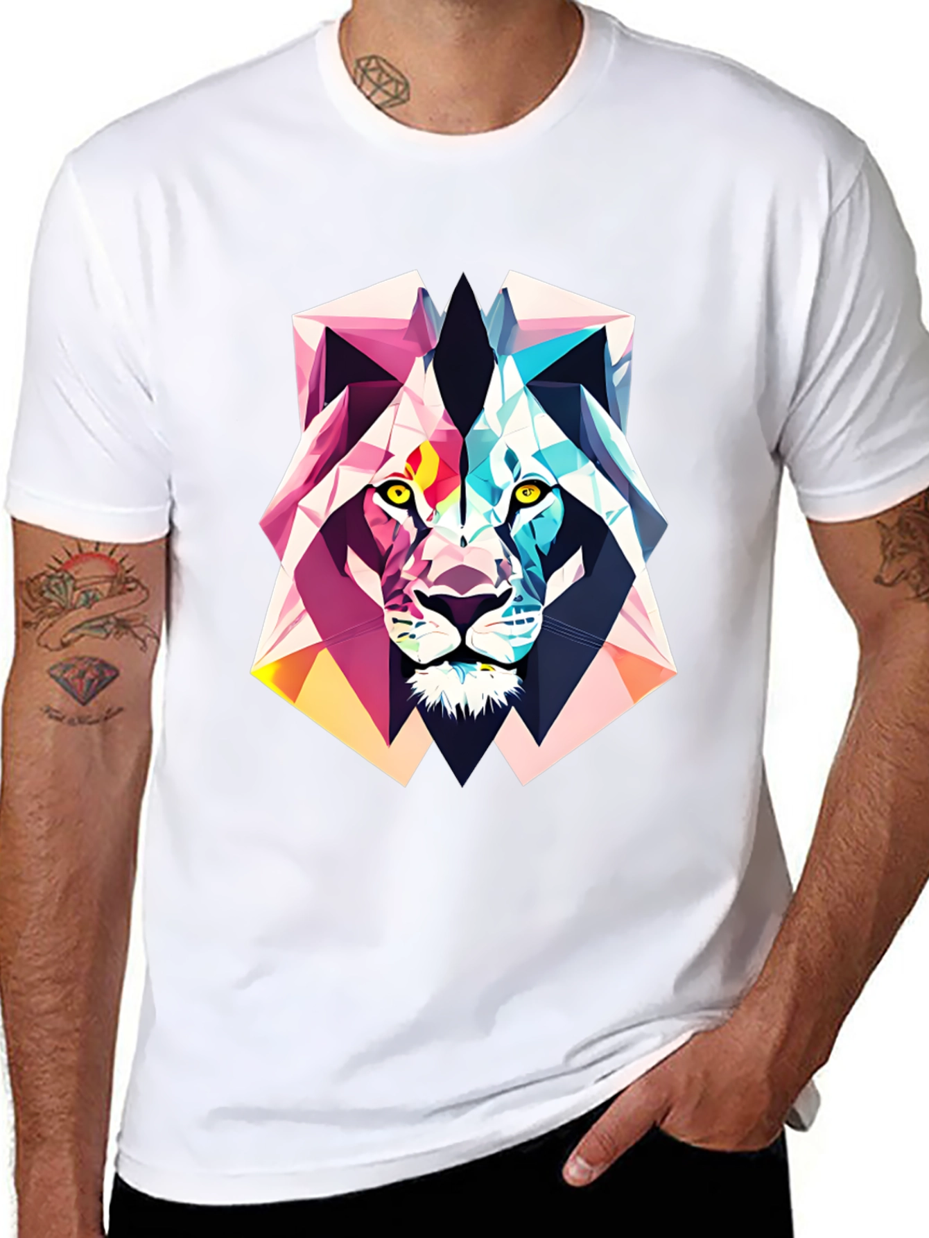 Black Geometric Lion Graphic Tee - Abstract Art Shirt view 8