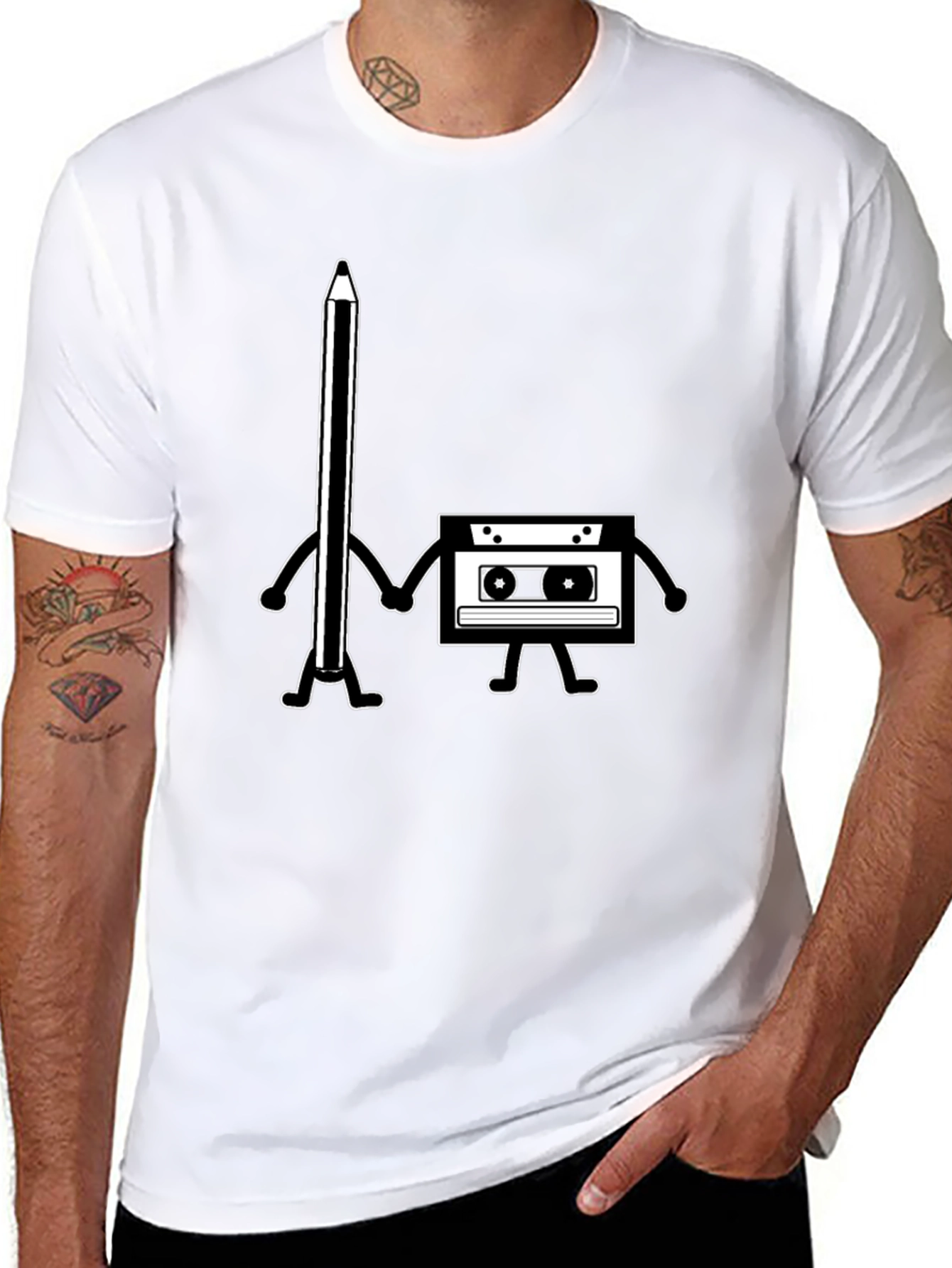 Black Retro Music Lover Tee - Pencil & Cassette Best Friends view 8