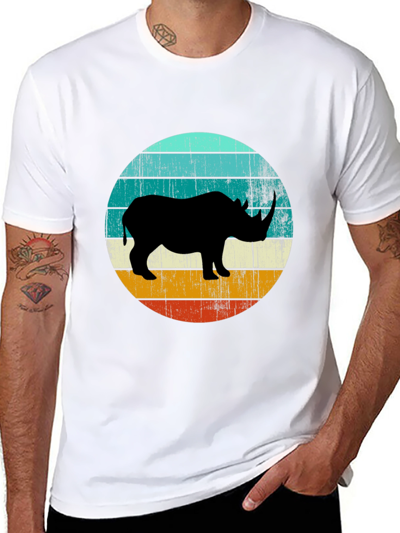 Black Retro Rhino Graphic Tee - Black Cotton T-Shirt view 8