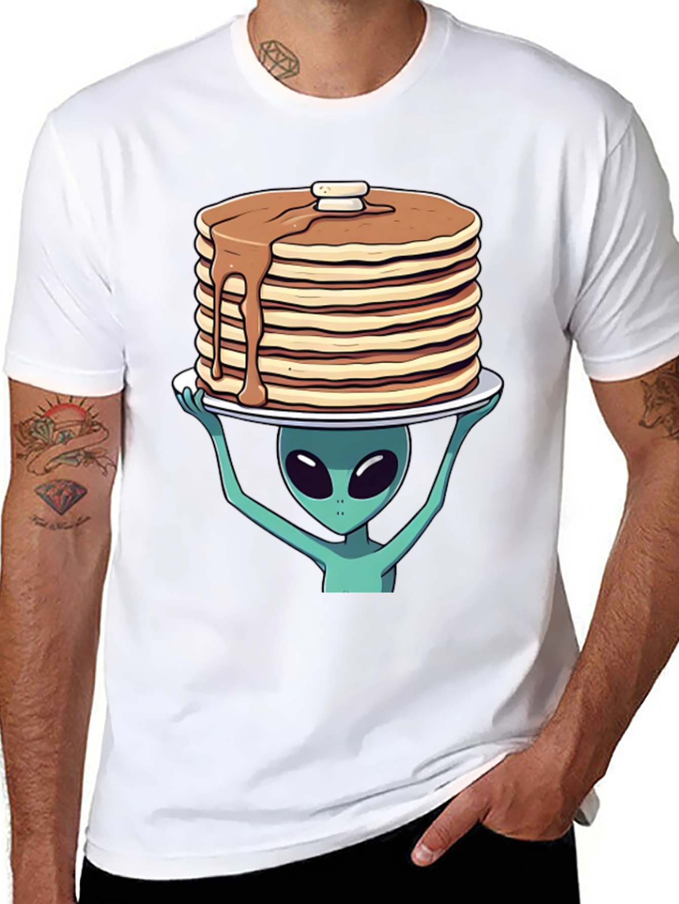 Black Alien Pancakes T-Shirt - Space Foodie Tee view 8