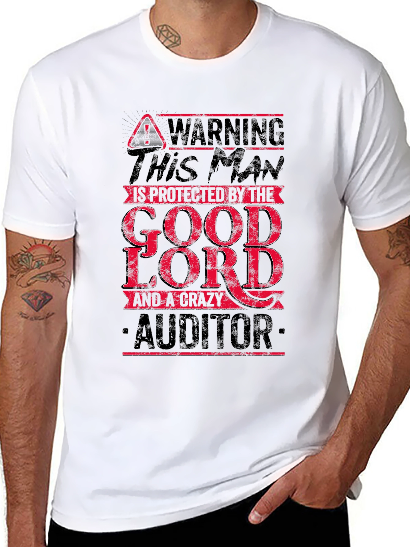 Black Warning Protected By Good Lord & Crazy Auditor T-Shirt view 8