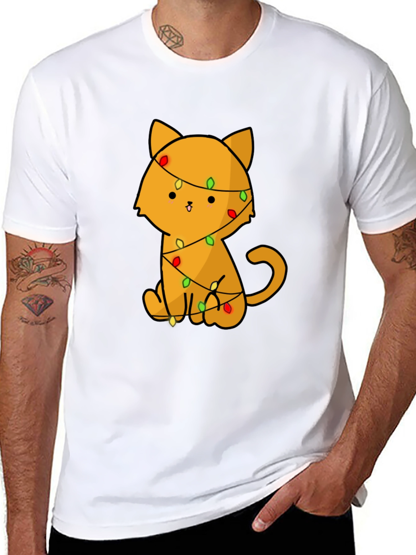 Black Cute Cat with Christmas Lights T-Shirt view 8