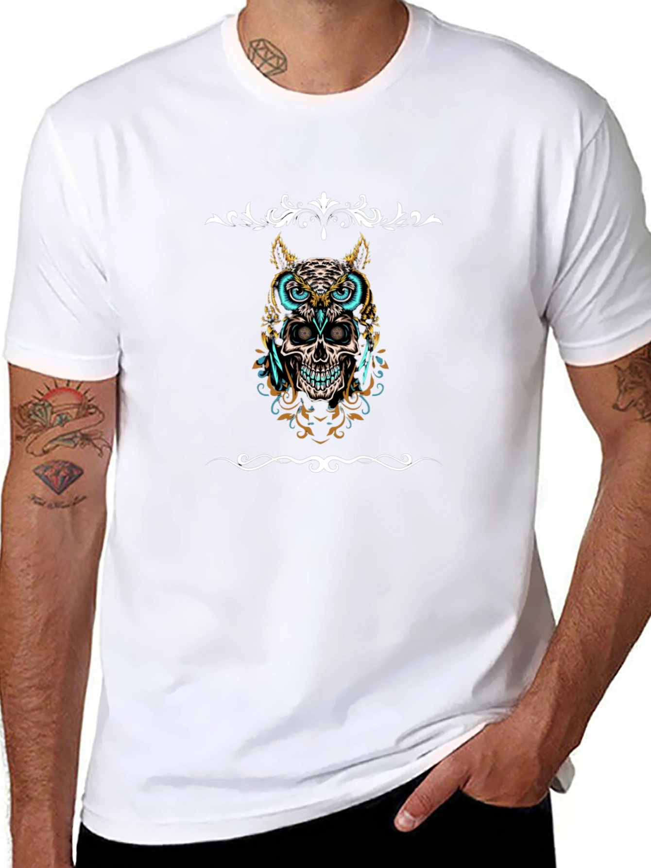 Black Skull Owl Graphic Tee - Men's Black T-Shirt view 8