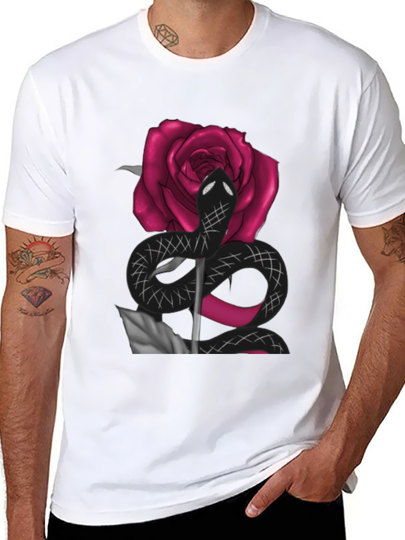 Black Snake & Rose Graphic Tee - Bold Statement T-Shirt view 8