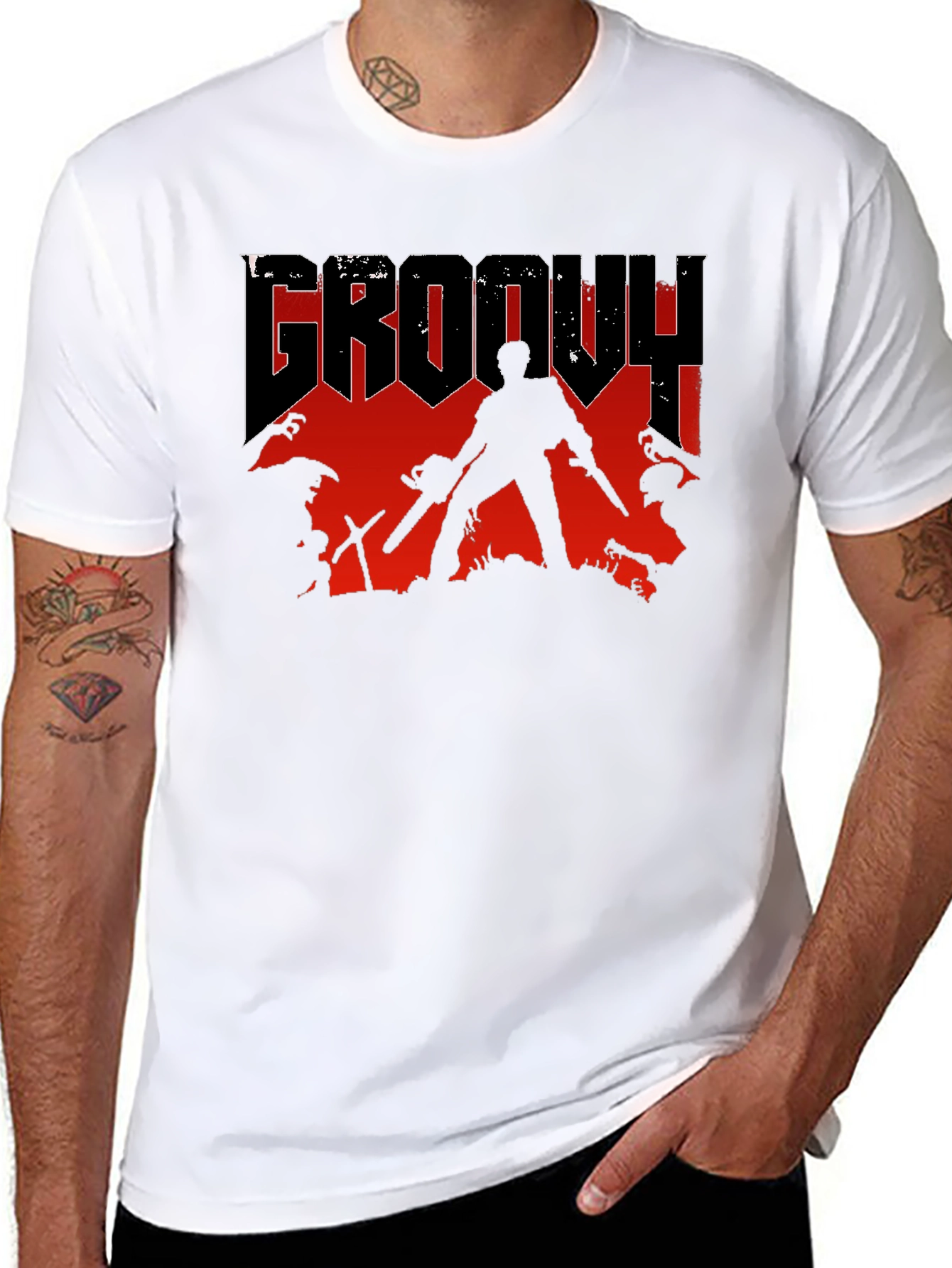 Black Groovy Horror T-Shirt - Chainsaw & Boomstick Design view 8