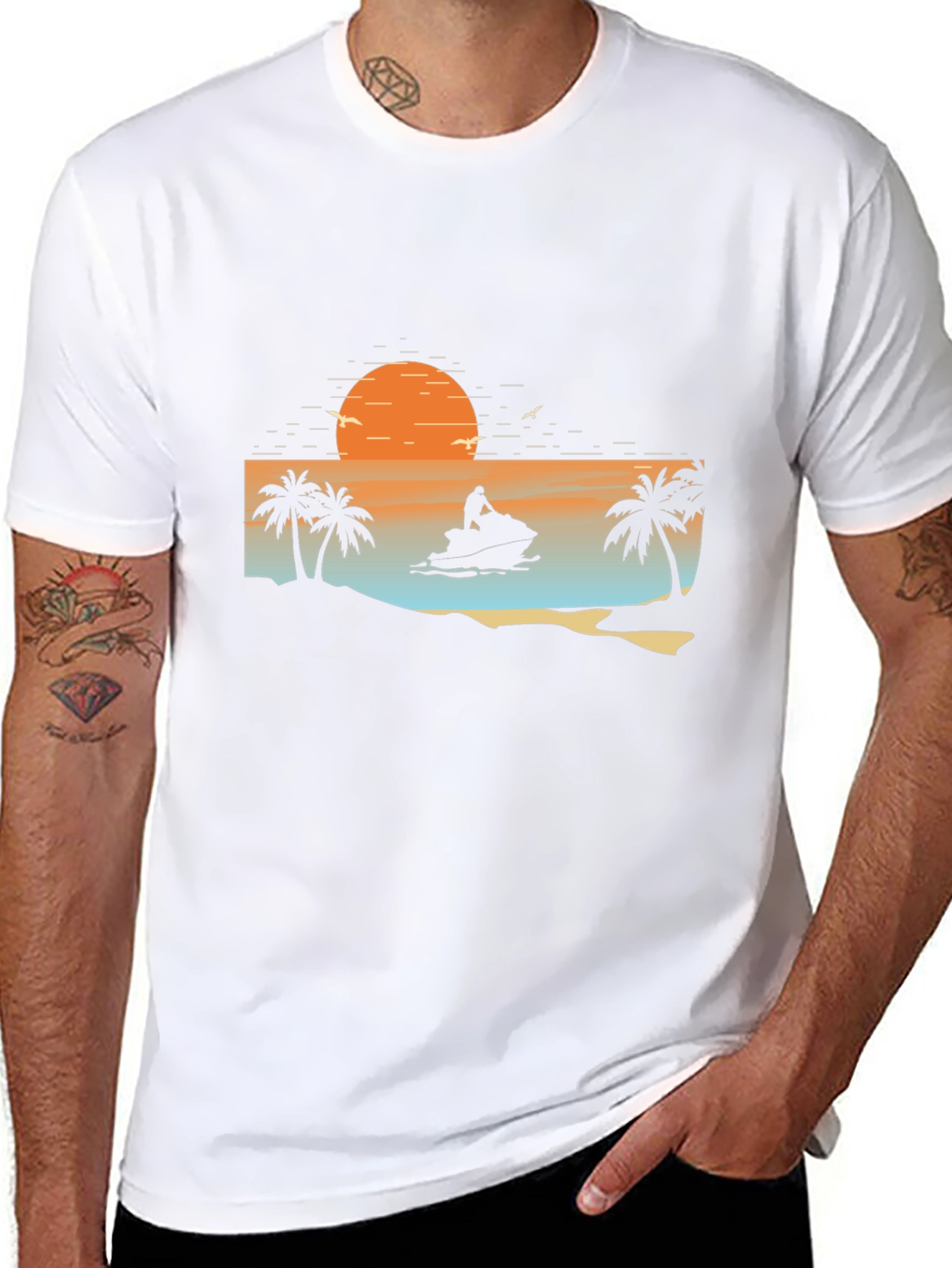 Black Sunset Jet Ski Palm Tree Graphic Black T-Shirt view 8