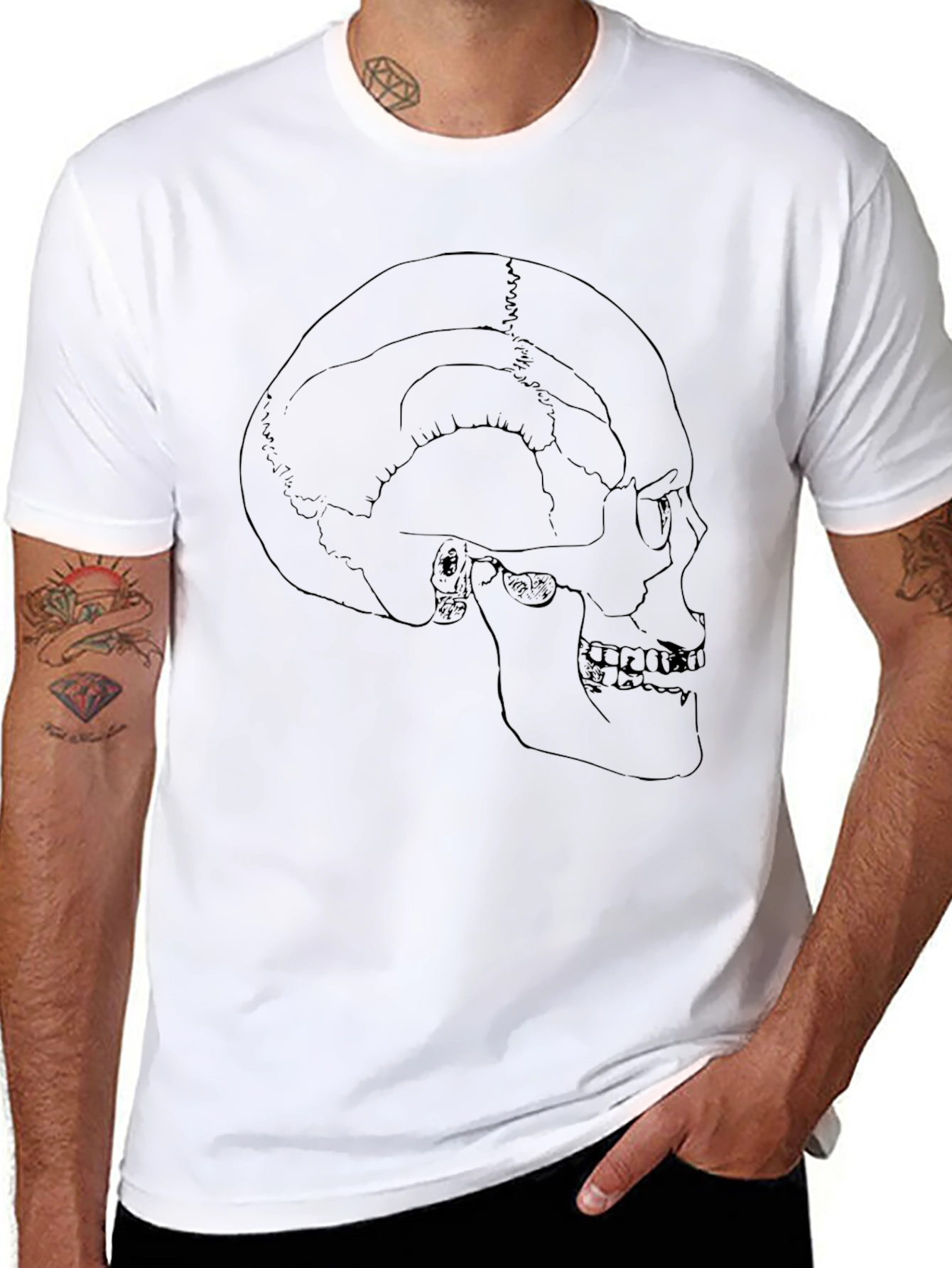 Black Skull Anatomy Outline Graphic Print Black T-Shirt view 8
